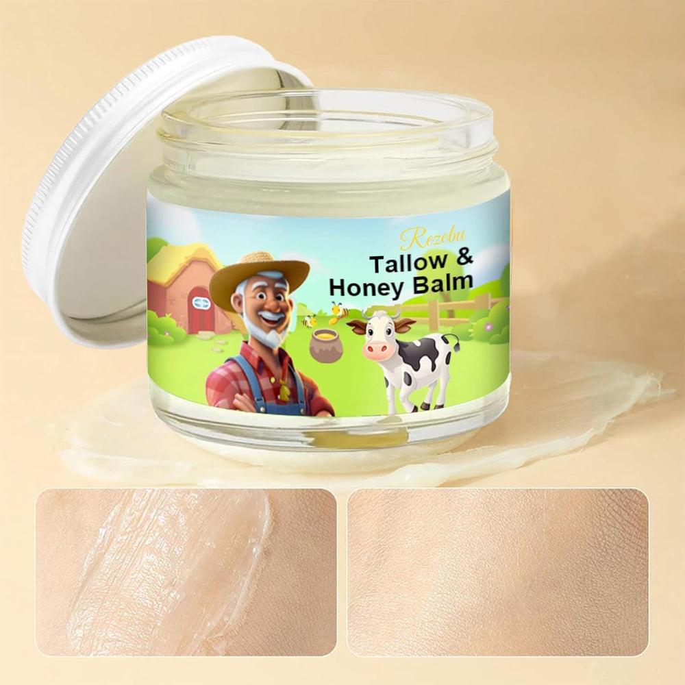 Rezebu ingredients scene highlights grass-fed tallow and raw honey benefits.