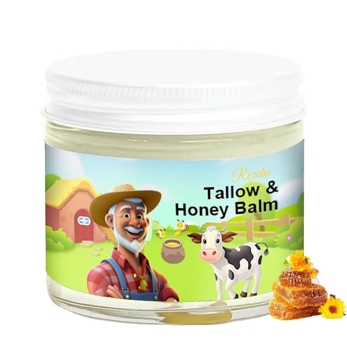 Rezebu Tallow and Honey Balm packshot shows natural hydration for dry skin.