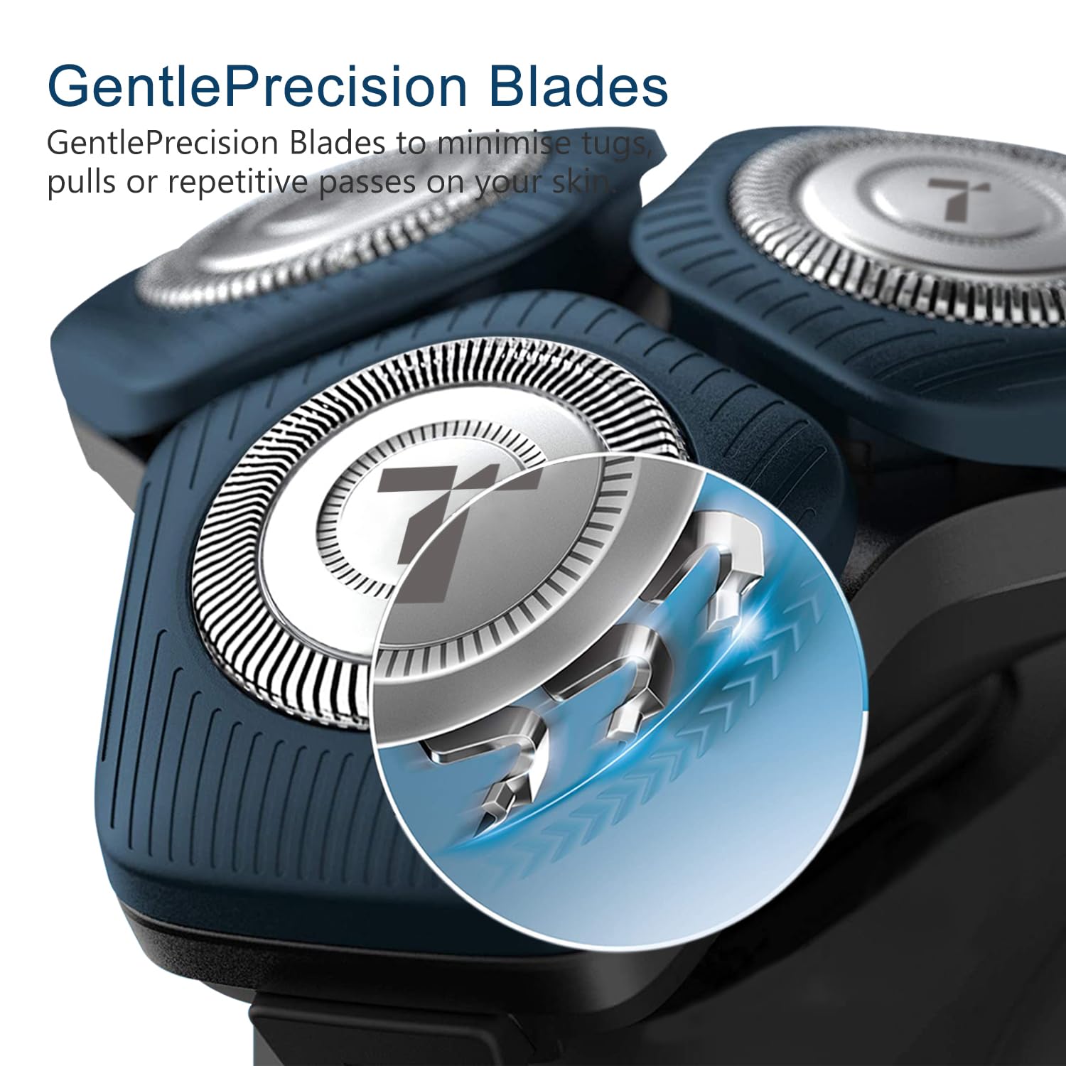 RF RollingFit SH70 heads close-up with cutting-edge blades for smooth beard lines.