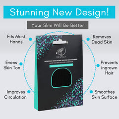 R'GANIA back exfoliator application demonstrates even body scrubbing across hard-to-reach areas.