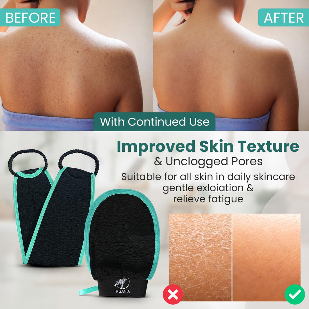 R'GANIA exfoliating glove set shows complete KP-friendly body care kit.