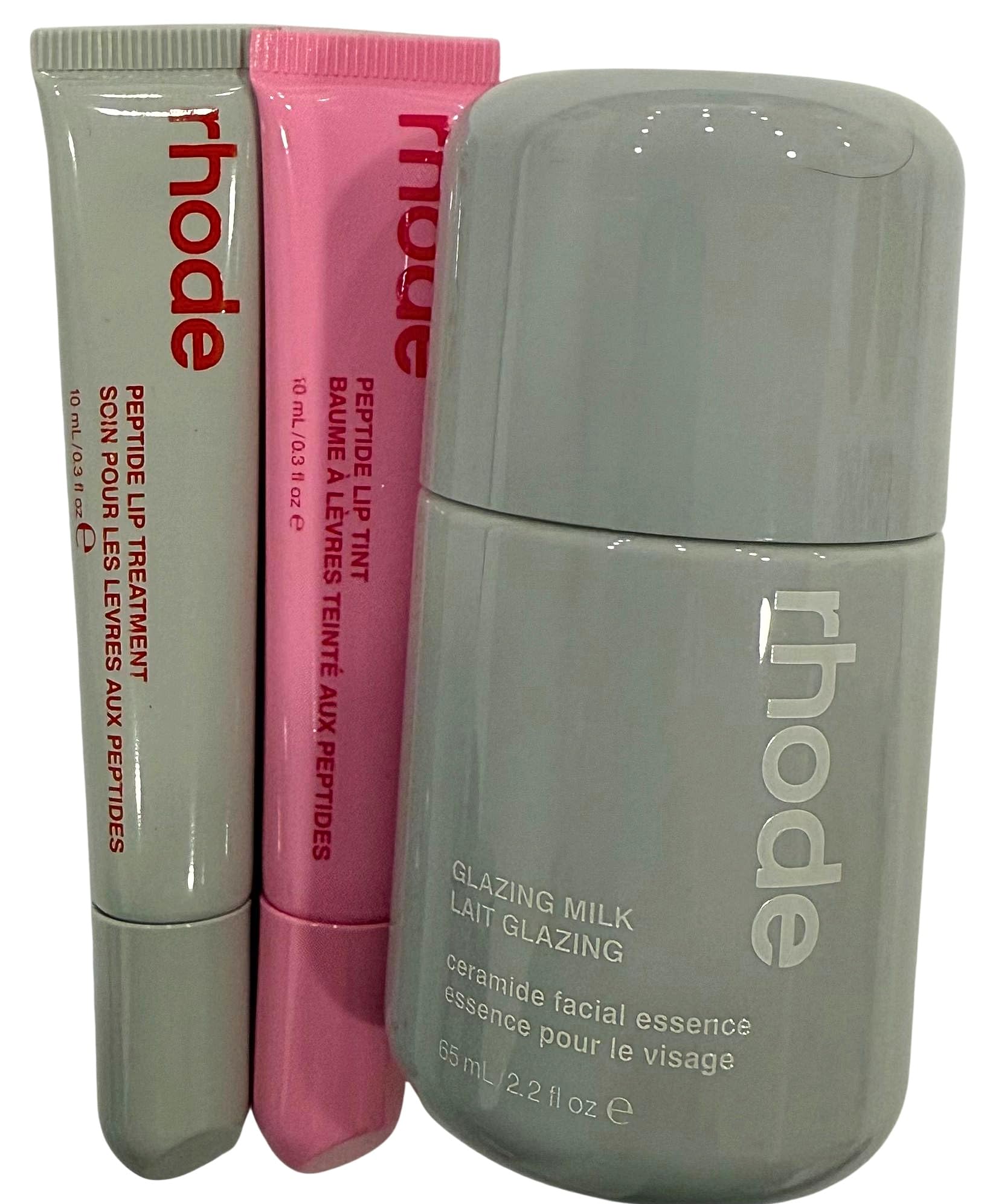 Rhode Glazed Trio Glazing Milk bottle shows hydrating ceramides for dewy priming.
