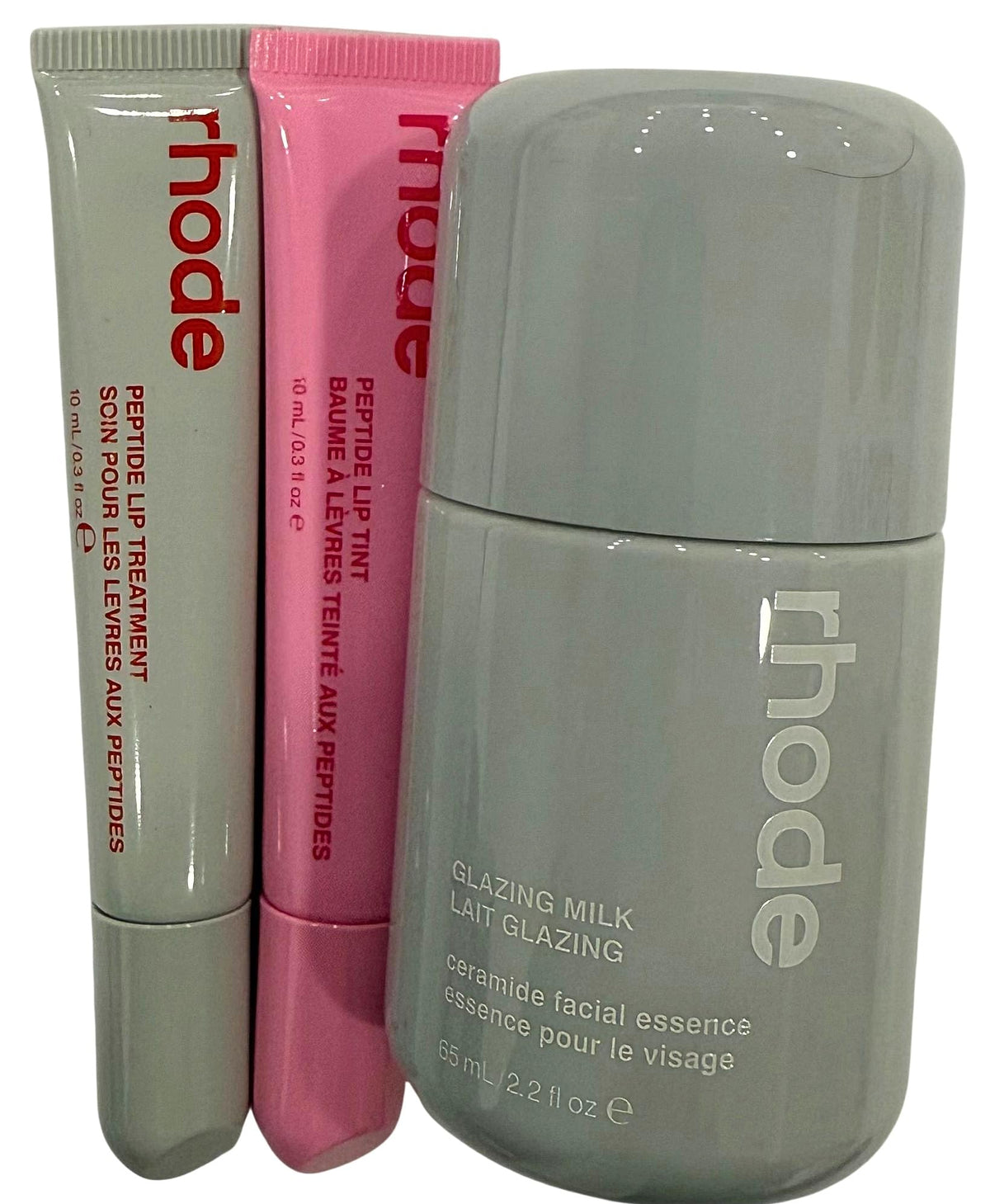 Rhode Glazed Trio Glazing Milk bottle shows hydrating ceramides for dewy priming.