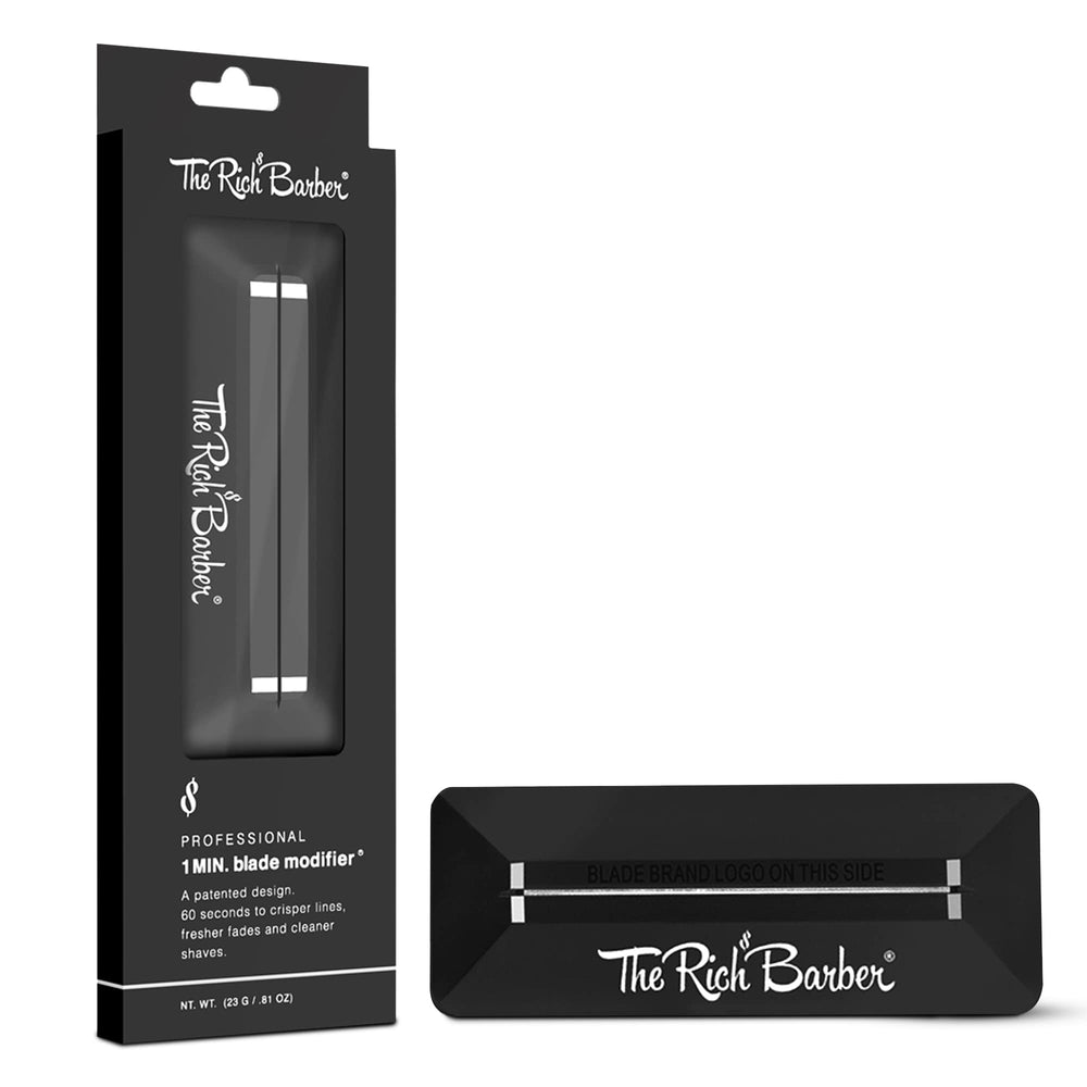 The Rich Barber blade modifier closeup demonstrates precision edge for crisper hairlines.