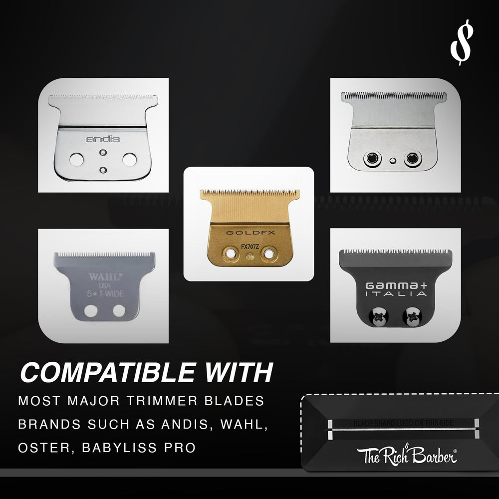 The Rich Barber compatibility shot compares Andis, Wahl, and BaByliss blade fits.