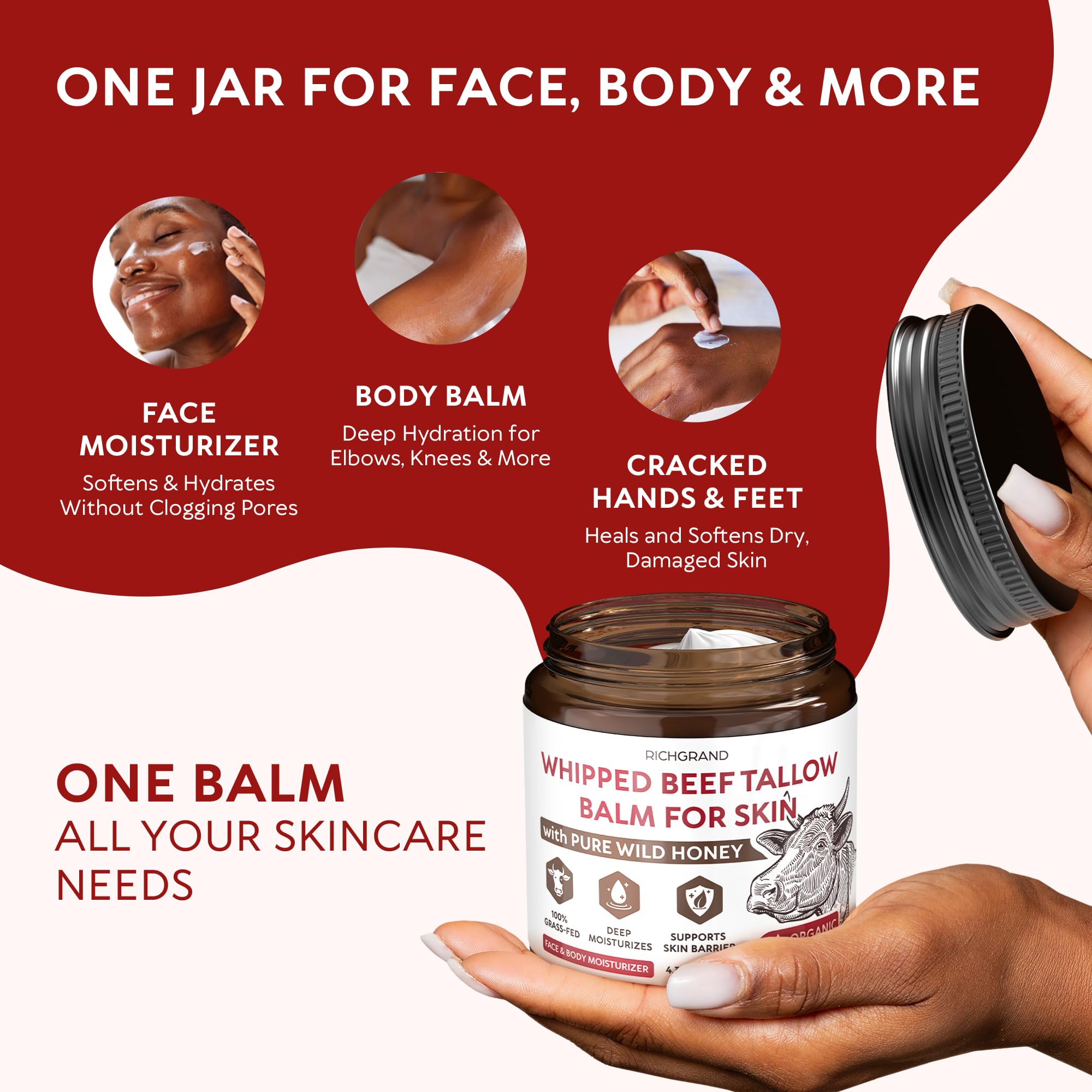 RICHGRAND zero-water-formula delivers high-concentration moisturizer with pea-sized coverage.