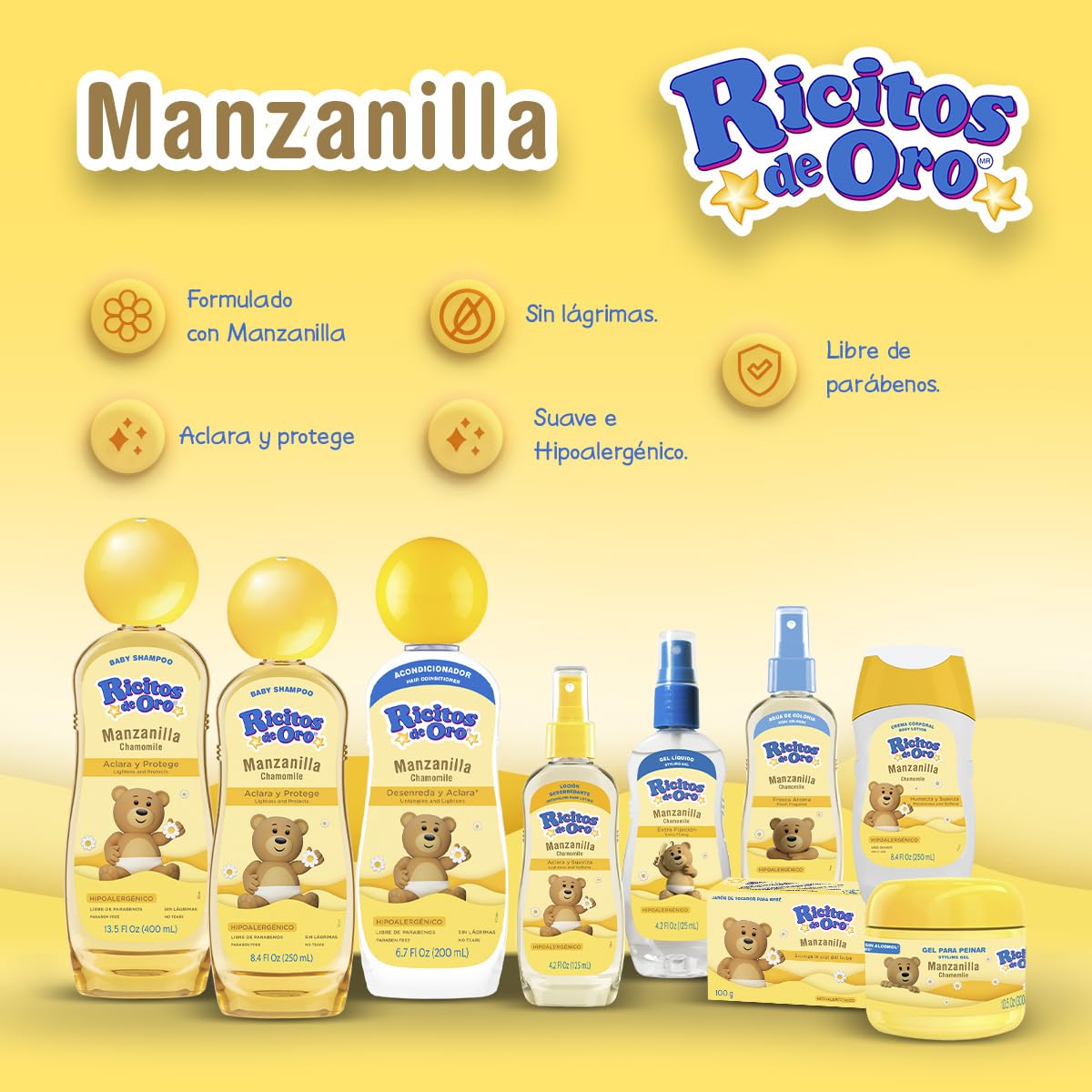 Ricitos de Oro clarifying lotion chamomile demonstrates hair shine and silkiness after use.