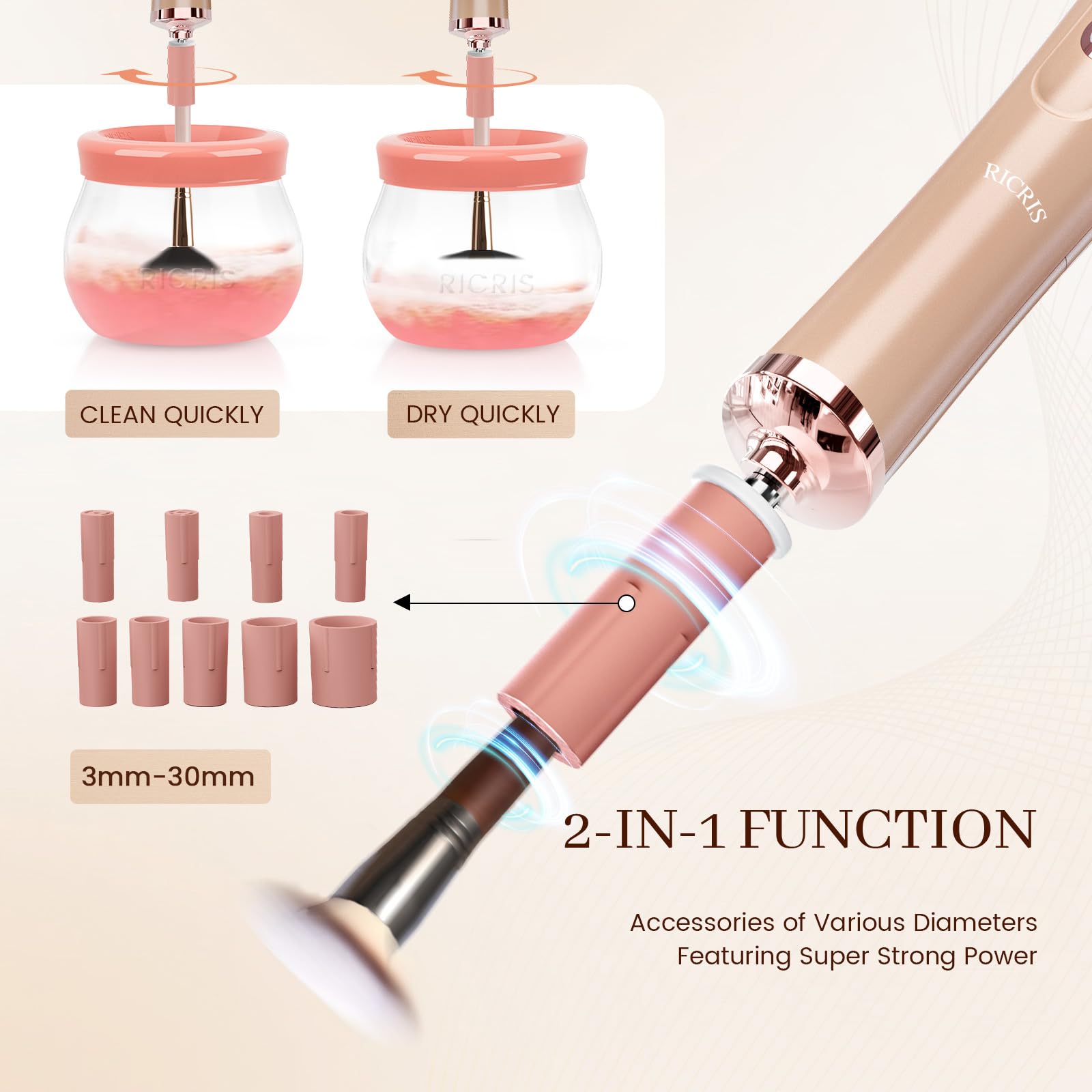 RICRIS automatic spin brush spinner highlights quick turnaround for daily makeup tools.