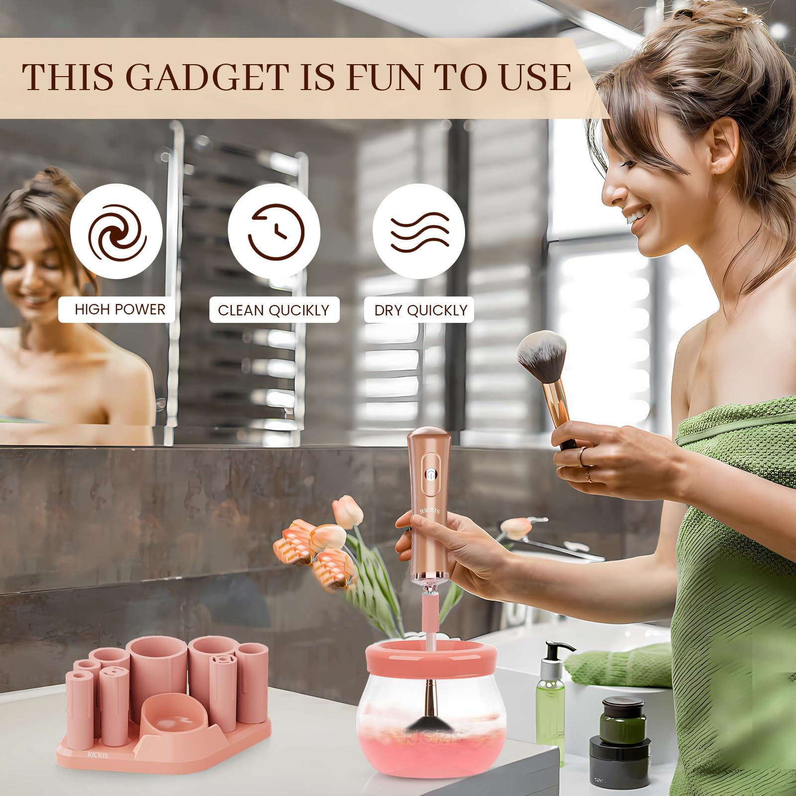 RICRIS splash-proof cup captures durable design for mess-free washing.