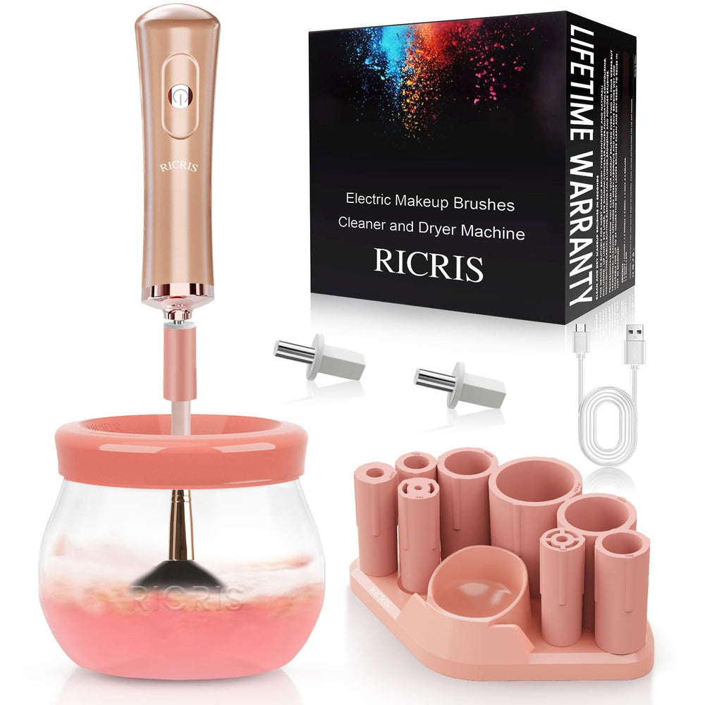 RICRIS electric makeup brush cleaner drum demonstrates fast, hands-free cleaning and drying.