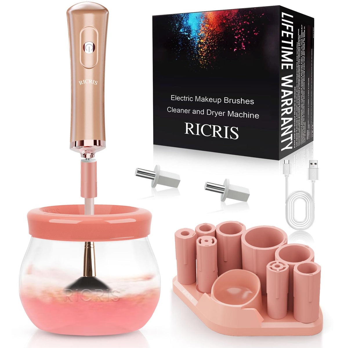 RICRIS electric makeup brush cleaner drum demonstrates fast, hands-free cleaning and drying.