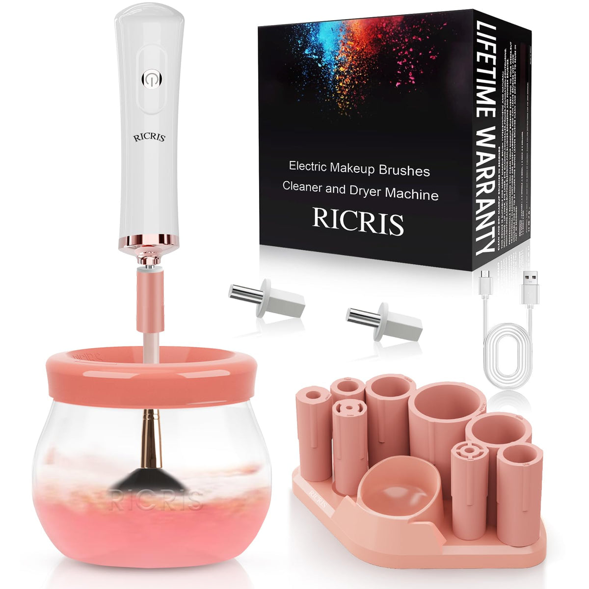 RICRIS electric makeup brush cleaner exterior housing enables easy storage and quick setup.