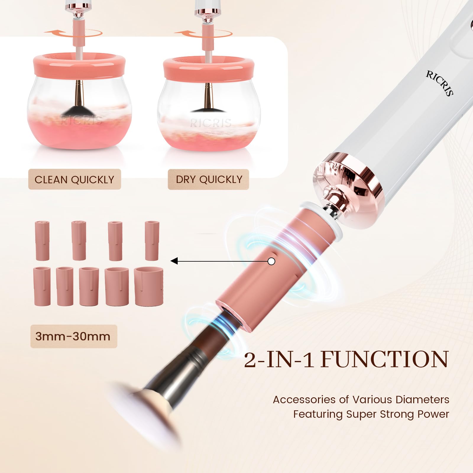 RICRIS electric makeup brush cleaner spinner action demonstrates fast, thorough brush refresh.