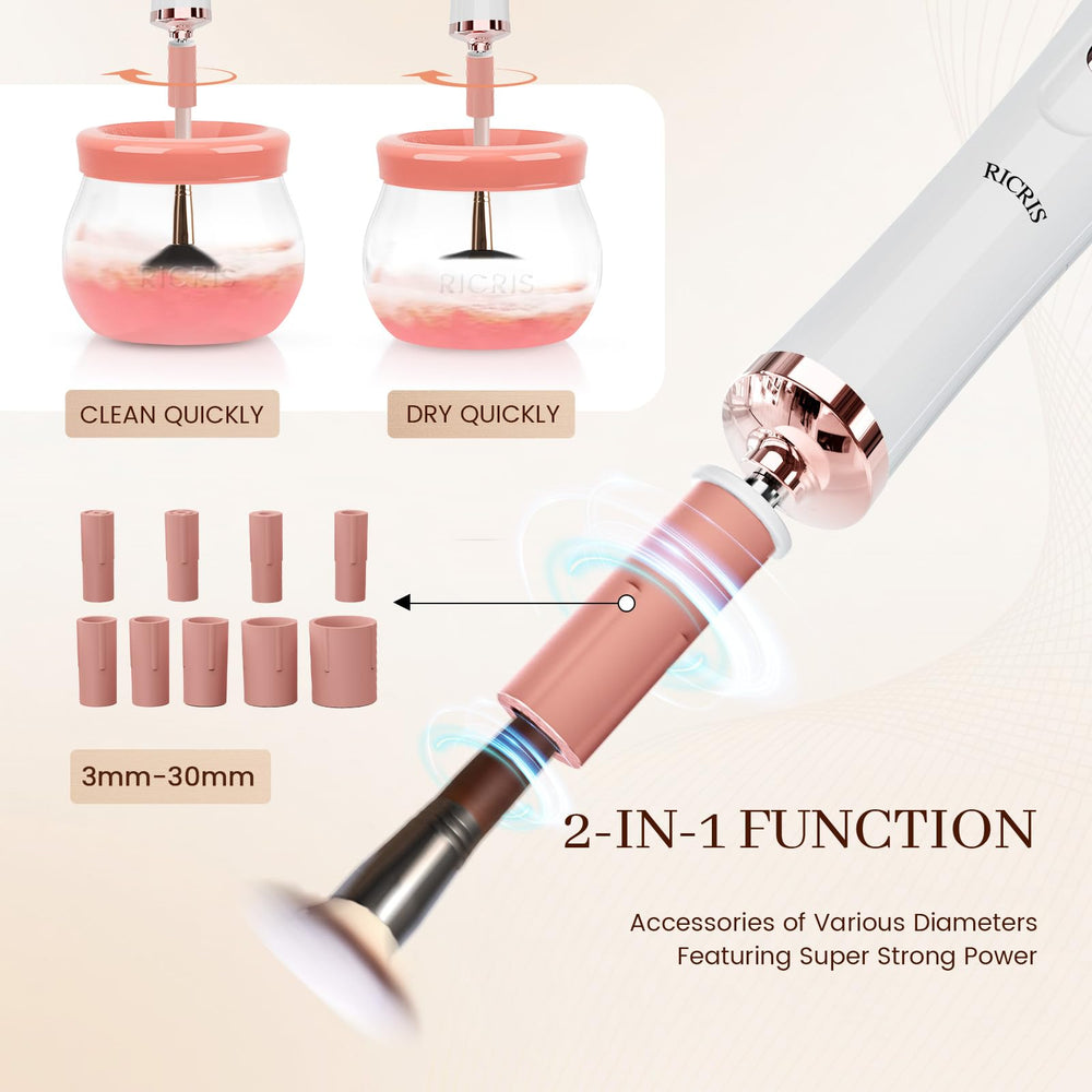 RICRIS electric makeup brush cleaner spinner action demonstrates fast, thorough brush refresh.
