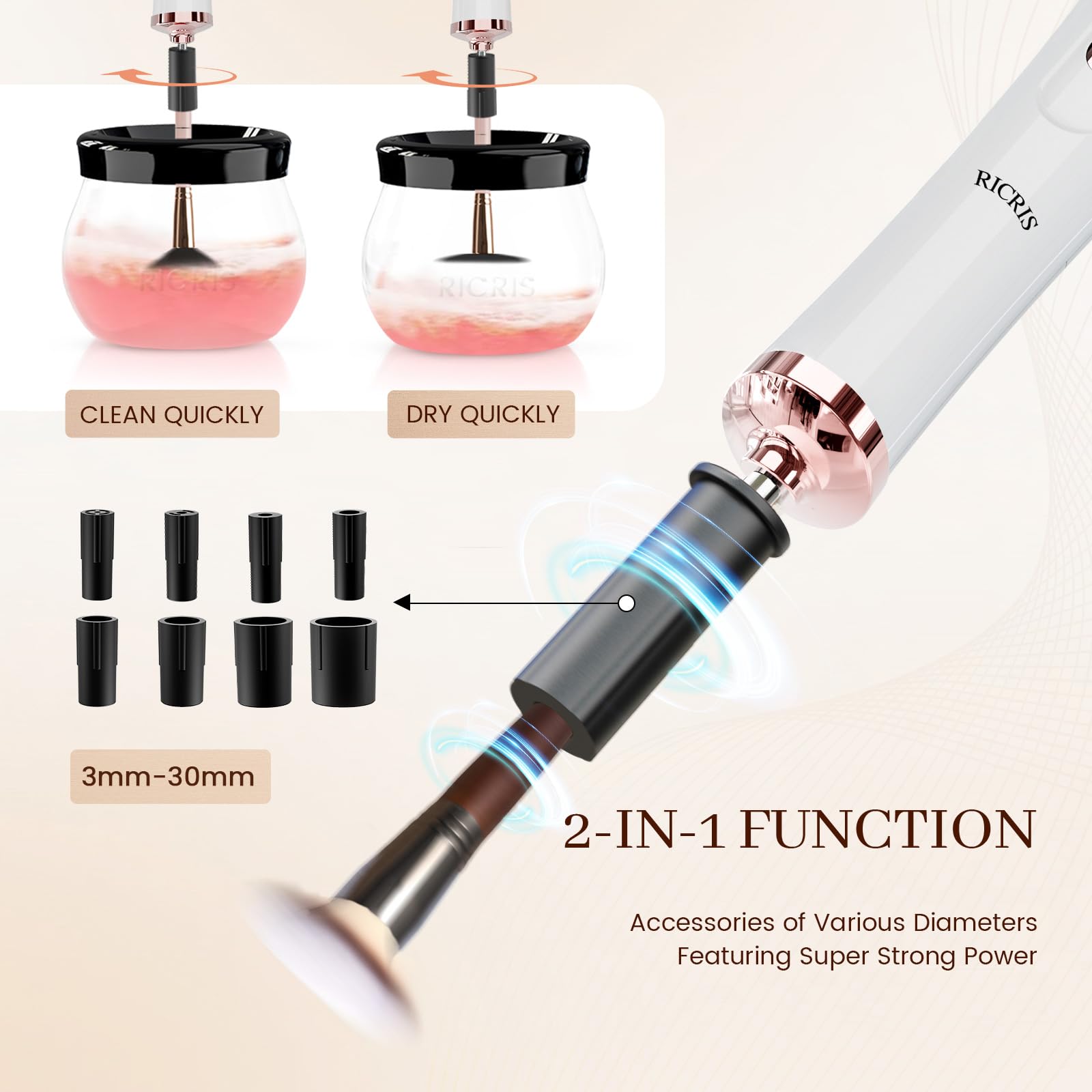RICRIS Premium makeup brush cleaner dryer bowl and connector demonstrates easy setup and thorough rinsing