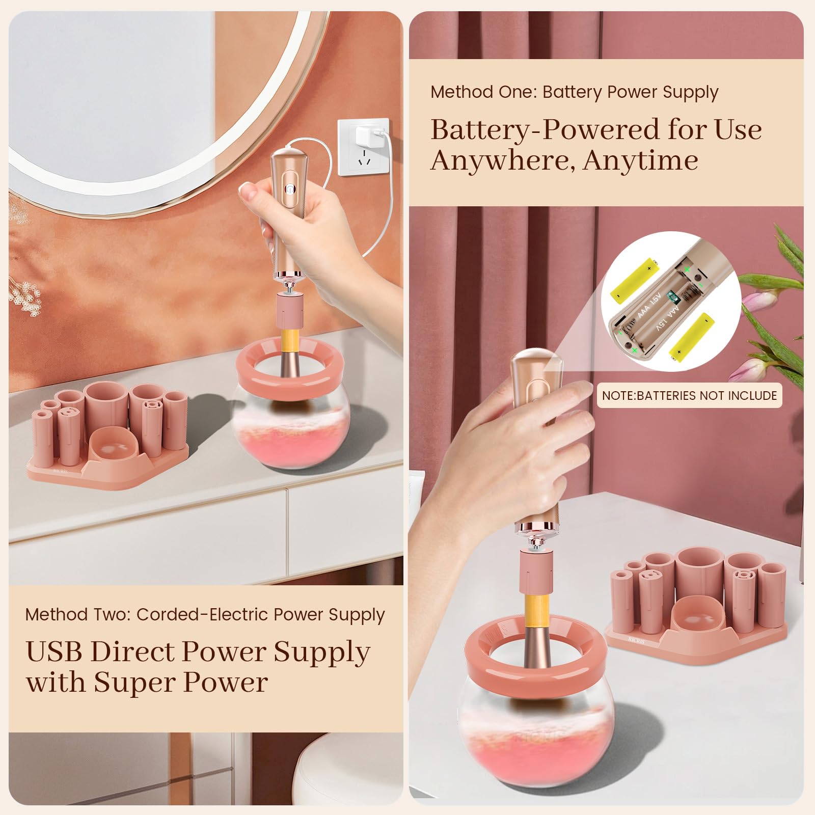 RICRIS dual power options image conveys USB and battery versatility for on-the-go cleaning.