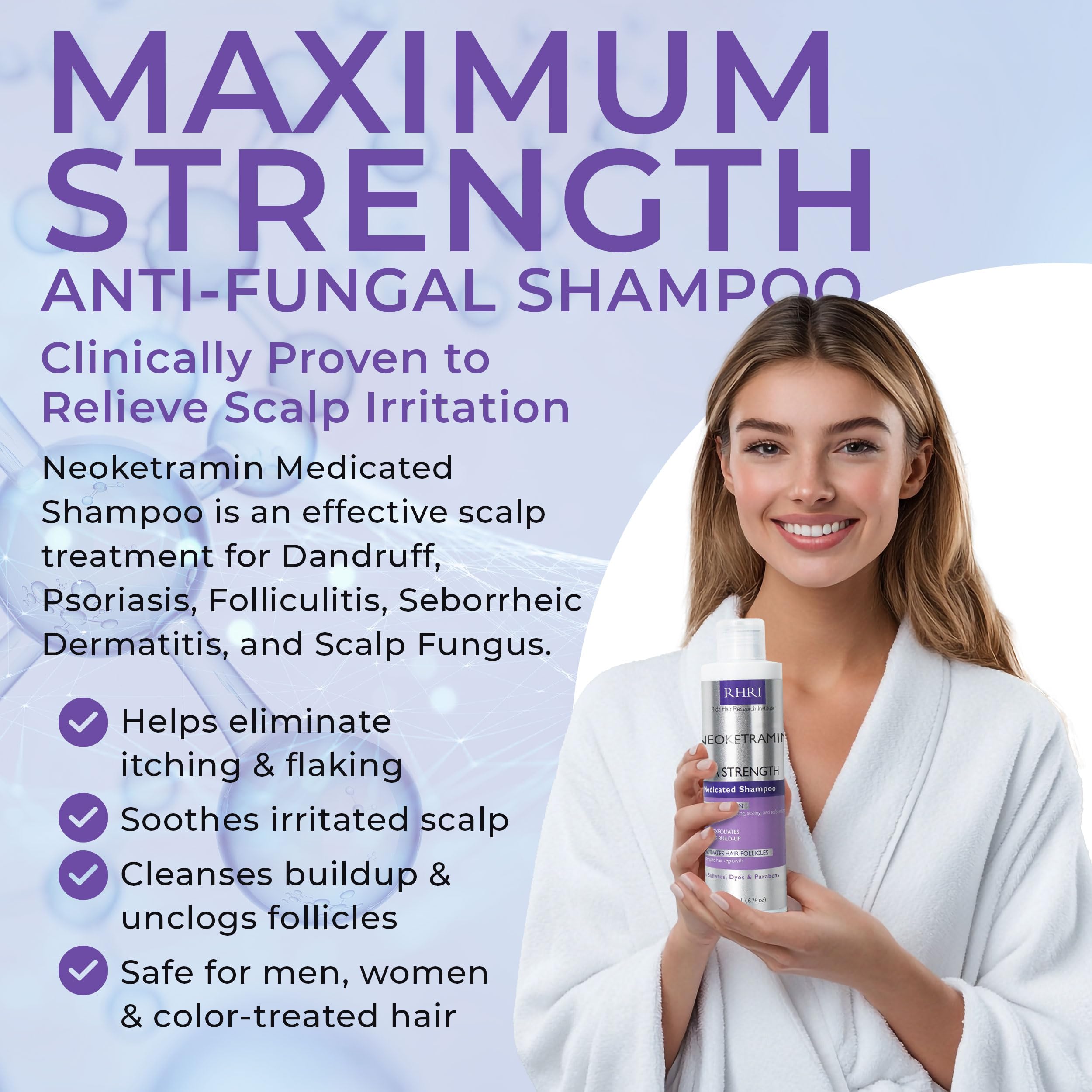 Rida antifungal shampoo packaging on shelf suggests medicated dandruff treatment option.