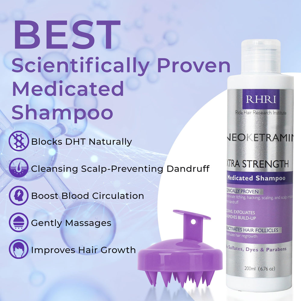 Rida Anti Fungal Shampoo with scrubber brush illustrates thorough scalp cleansing and irritation relief.
