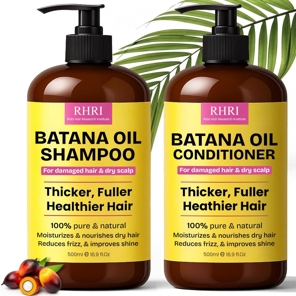 Rida Batana Oil Shampoo bottle closeup highlighting hydrating formula for frizz control.