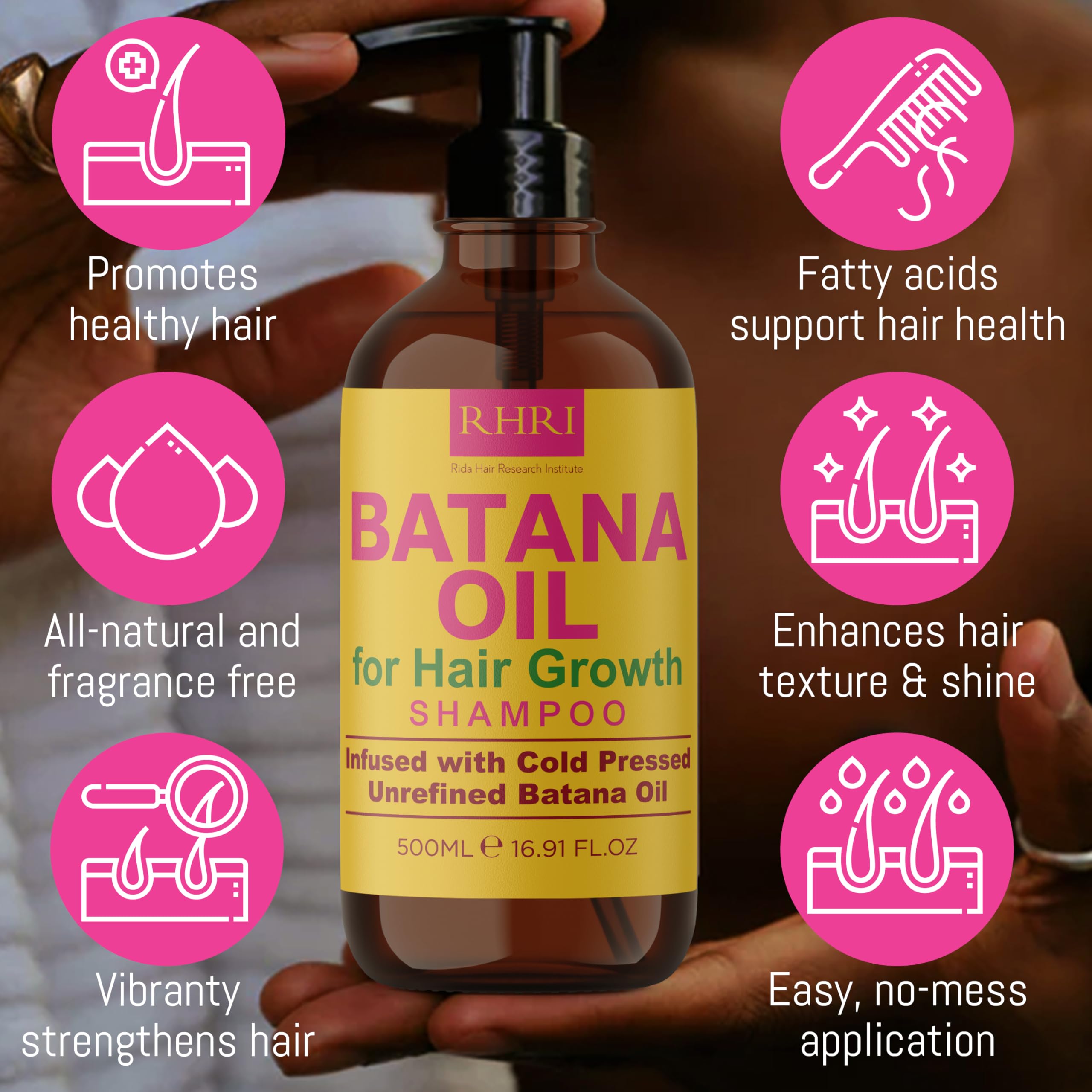 Rida Batana Oil Shampoo rich lather image suggesting deep cleansing and moisture.