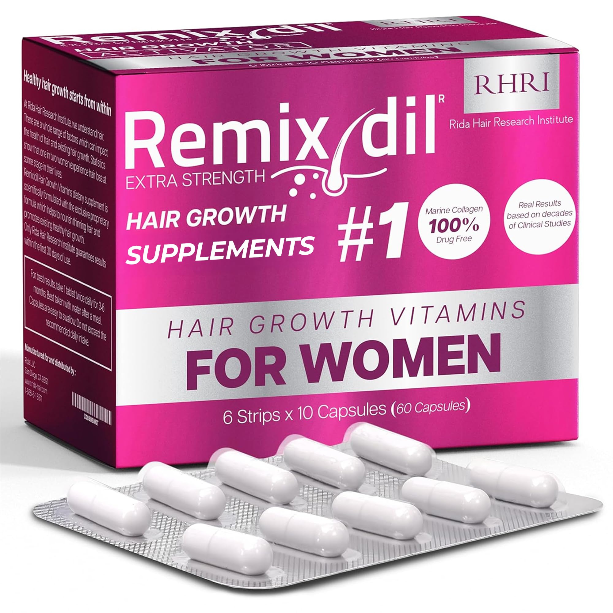 Rida Hair Growth Vitamins bottle front for daily hair support and fuller volume.