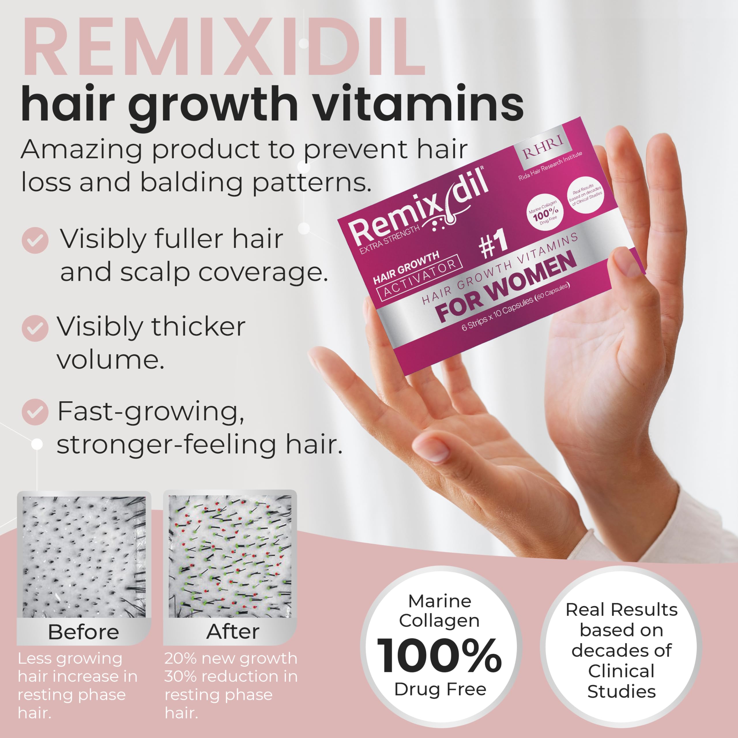 Rida Hair Growth Vitamins label detail showcasing targeted root care benefits.
