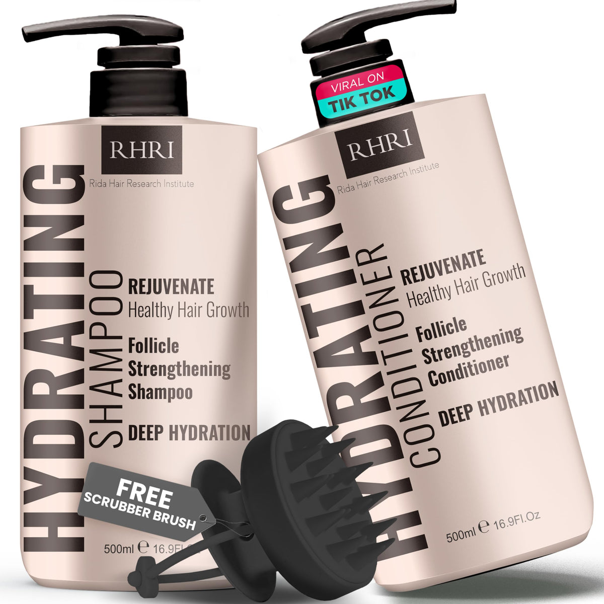 Rida Hair Research Institute hydrating shampoo bottle pouring moisture for soft, manageable hair.