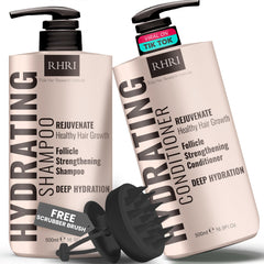 Rida Hair Research Institute hydrating shampoo bottle pouring moisture for soft, manageable hair.
