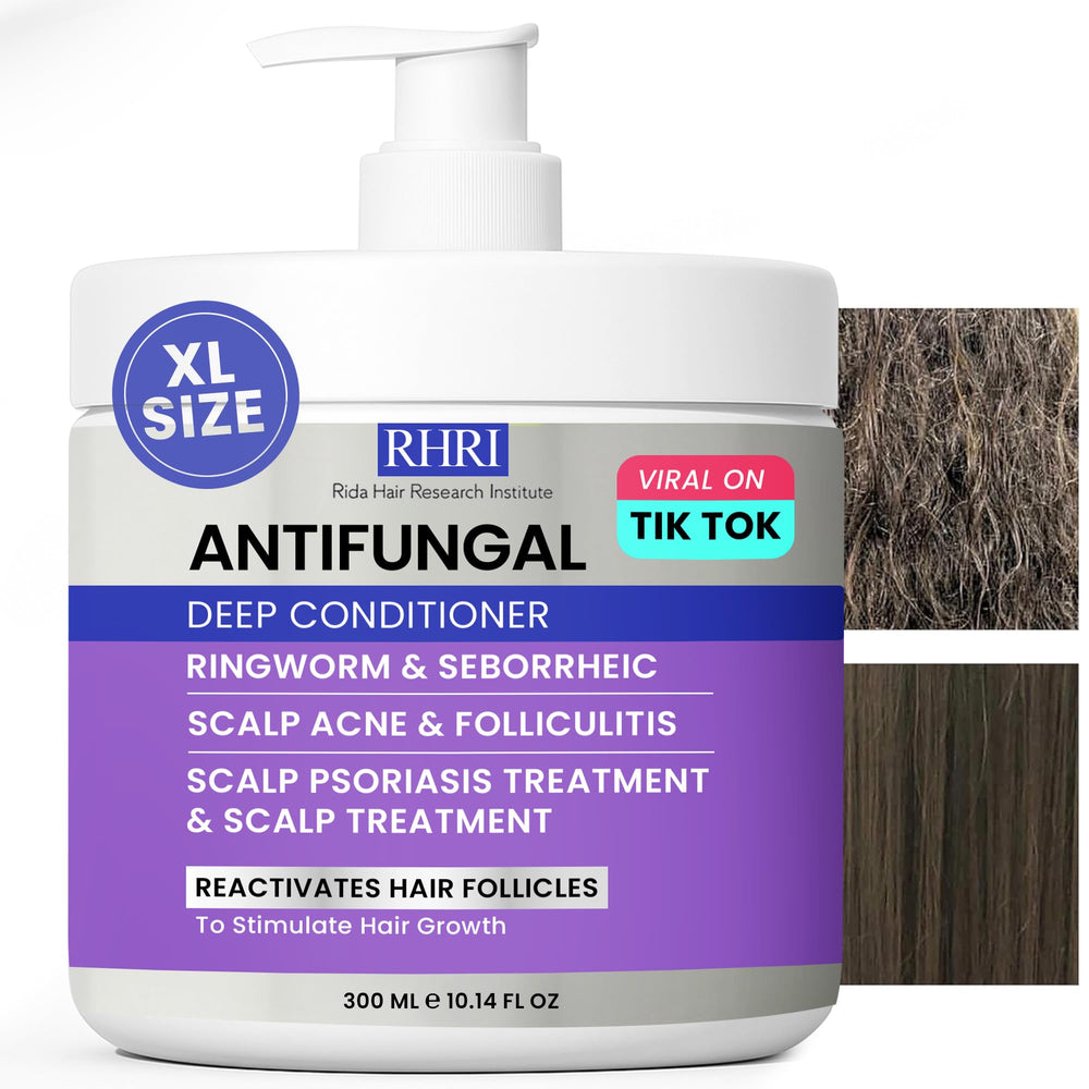 Rida Hair Research Institute anti fungal deep conditioner bottle pour for scalp hydration.