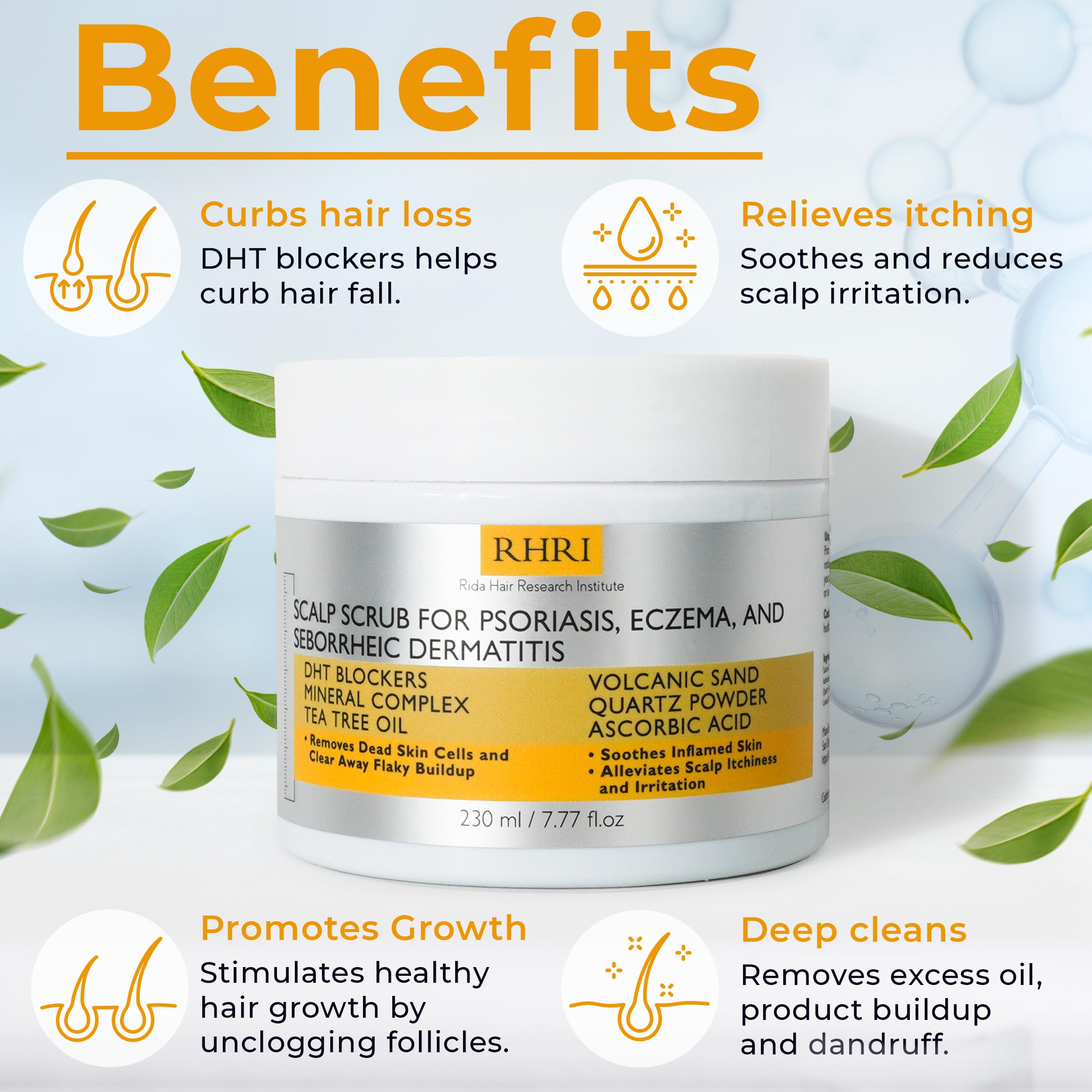 Rida Hair Research Institute anti fungal scrub with tea tree oil image highlights soothing cleanse.