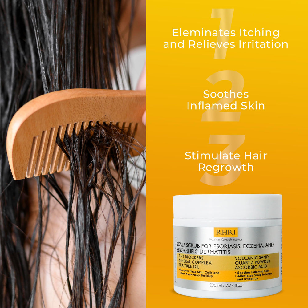 Rida Hair Research Institute pre shampoo scrub application photo portrays routine for healthier scalp.