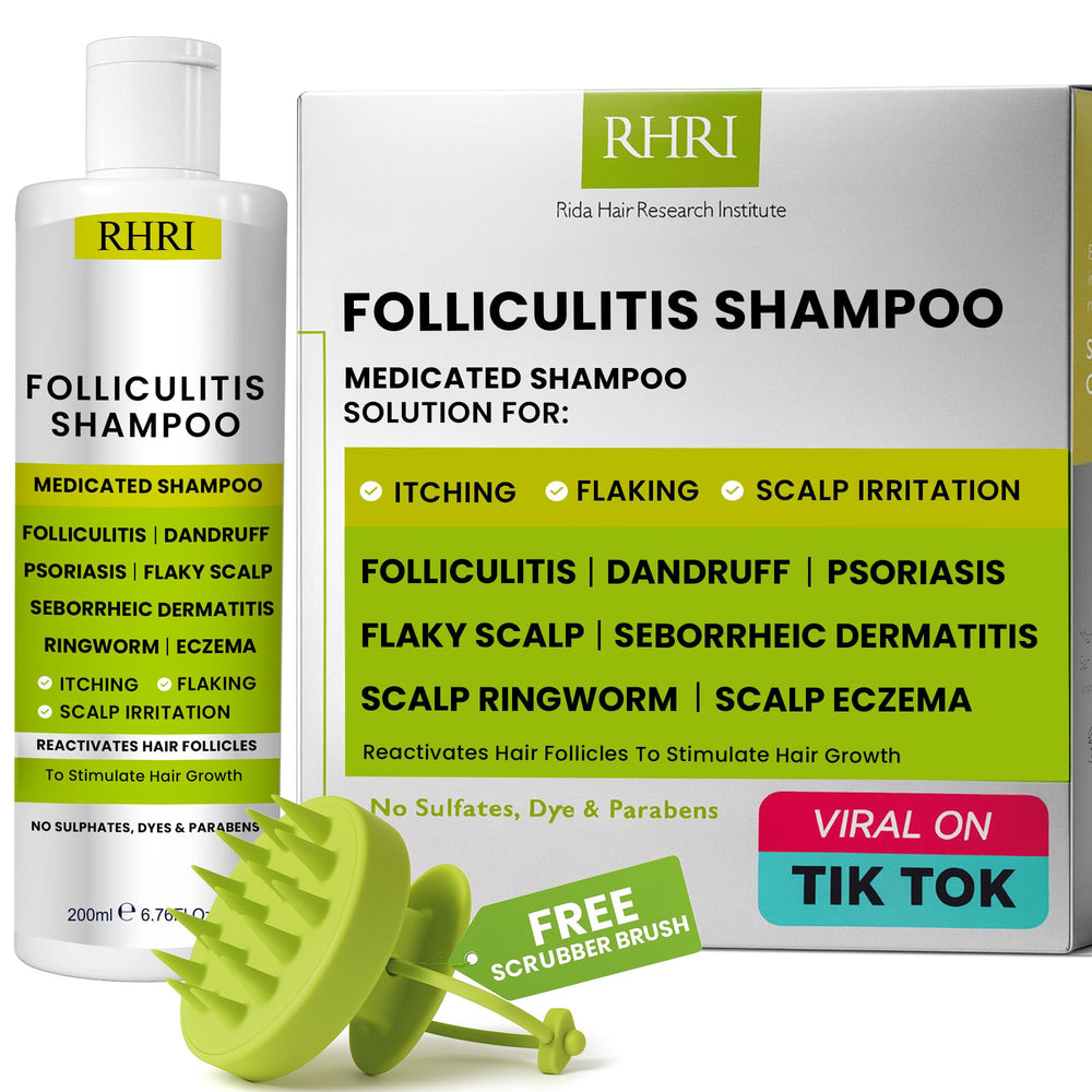 Rida Hair Folliculitis Shampoo bottle shows herbal formula for scalp relief