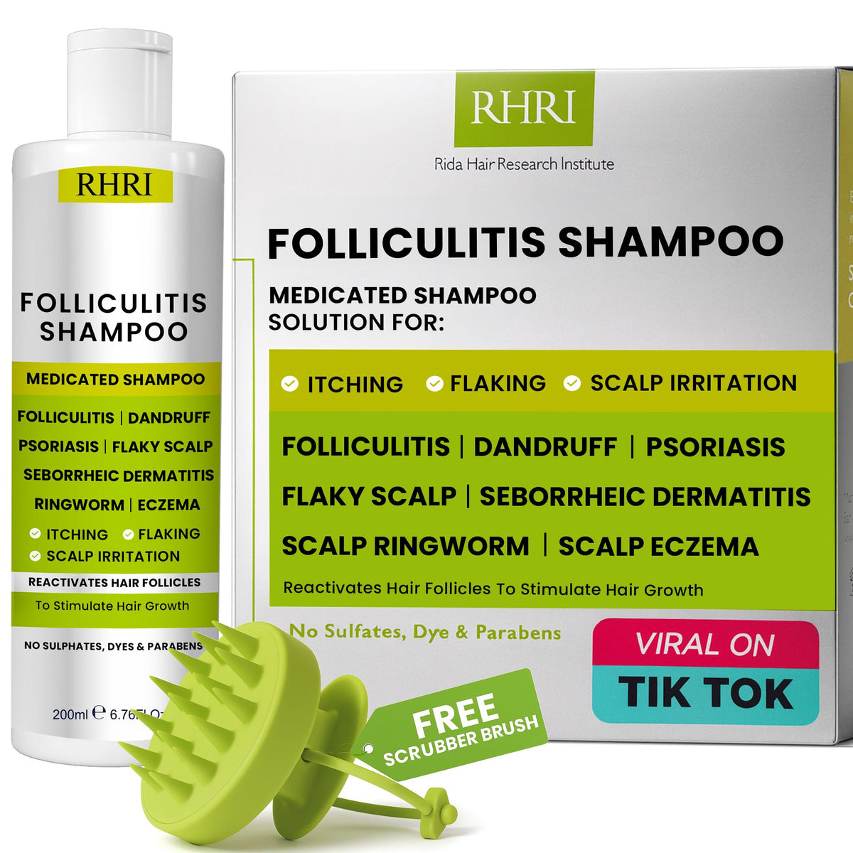 Rida Hair Folliculitis Shampoo bottle shows herbal formula for scalp relief
