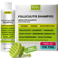 Rida Hair Folliculitis Shampoo bottle shows herbal formula for scalp relief