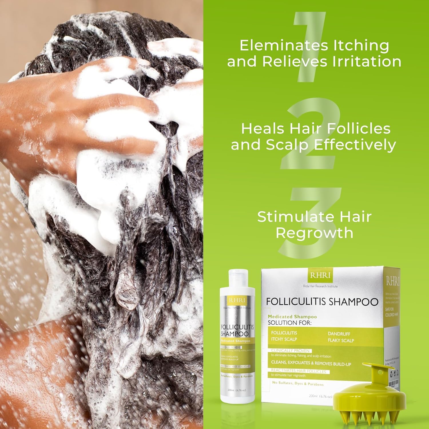 Rida Hair Folliculitis Shampoo packaging emphasizing multi-function scalp care