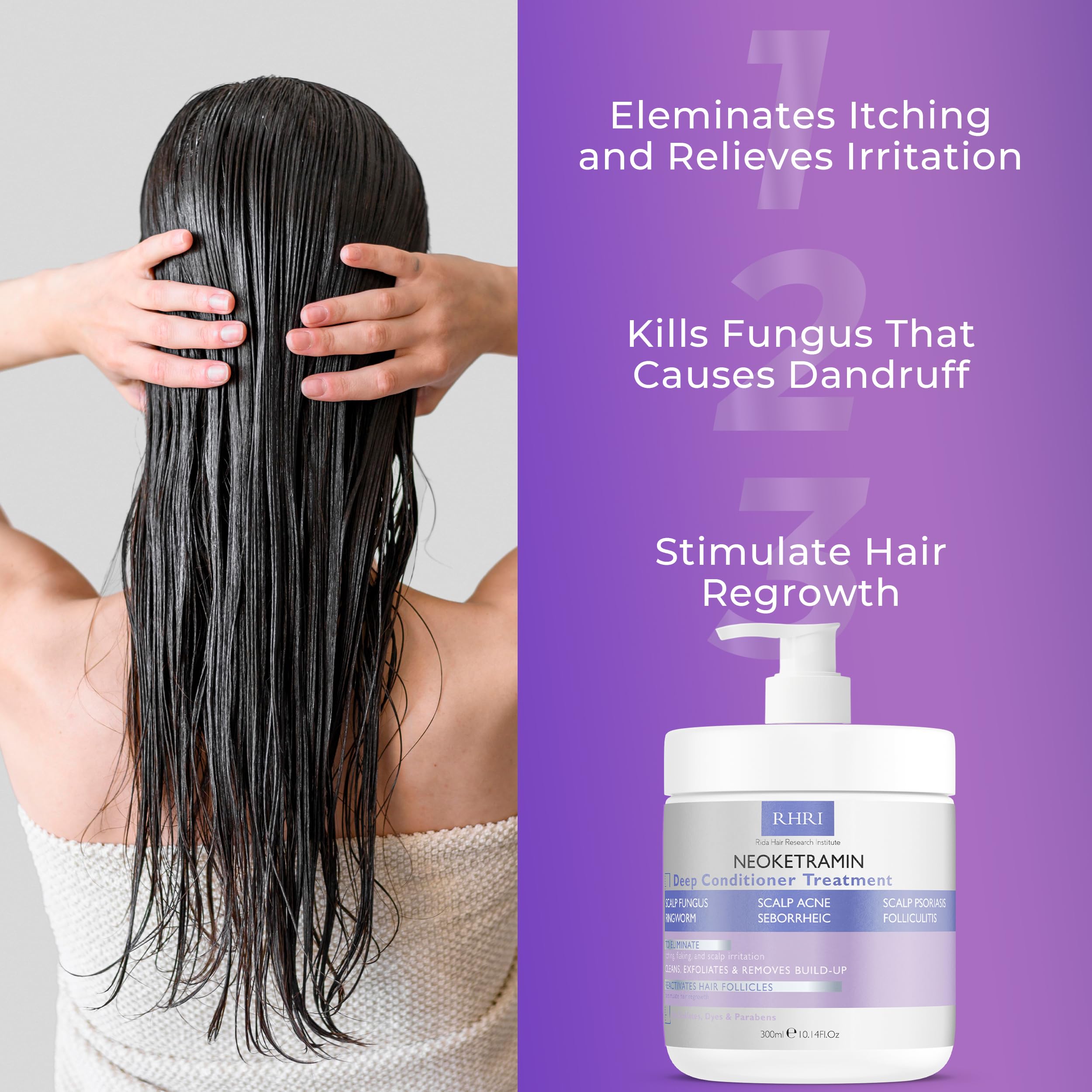 Rida Hair Research Institute hands applying conditioner to damp hair for soothing scalp care.
