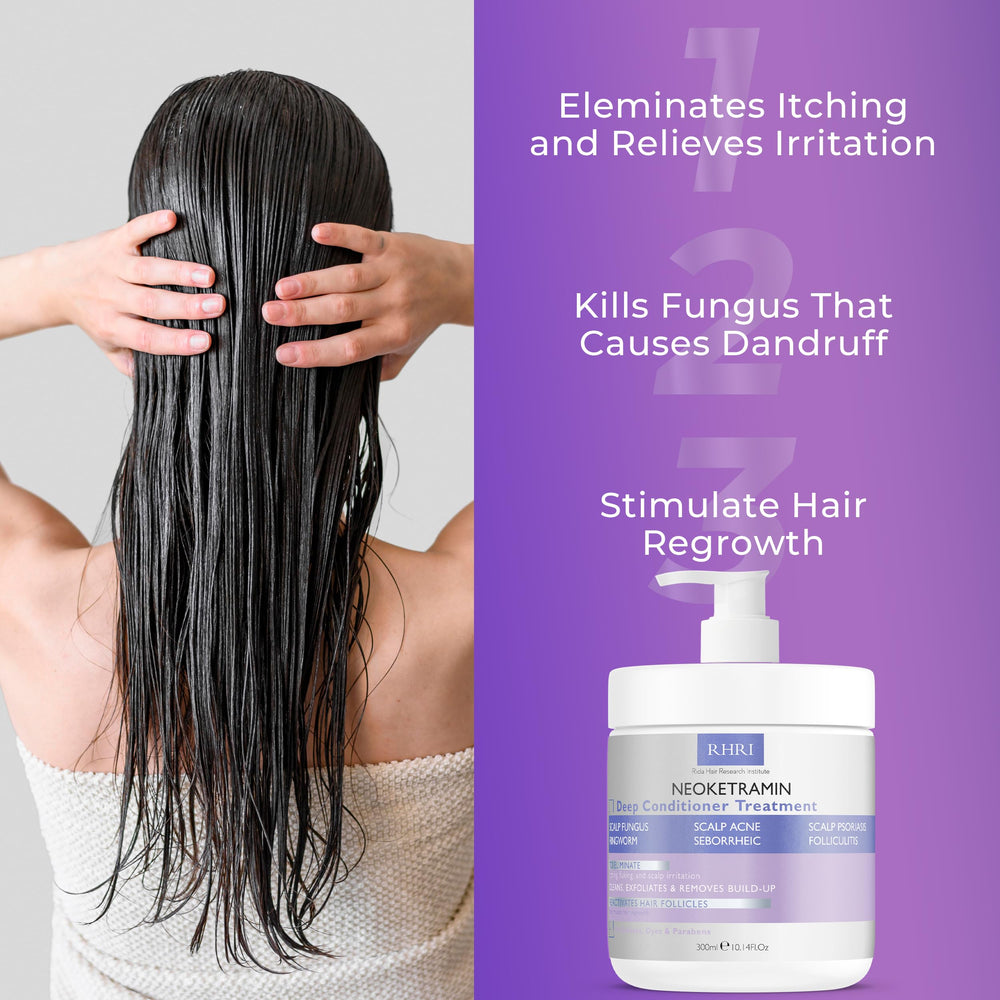 Rida Hair Research Institute hands applying conditioner to damp hair for soothing scalp care.