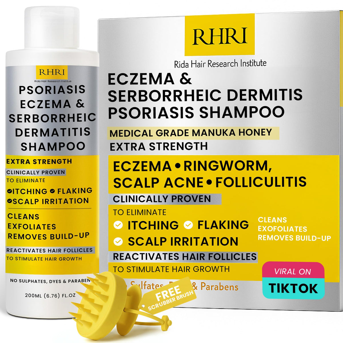 Rida Hair Research Institute psoriasis shampoo bottle close-up showing soothing relief for itchy scalp