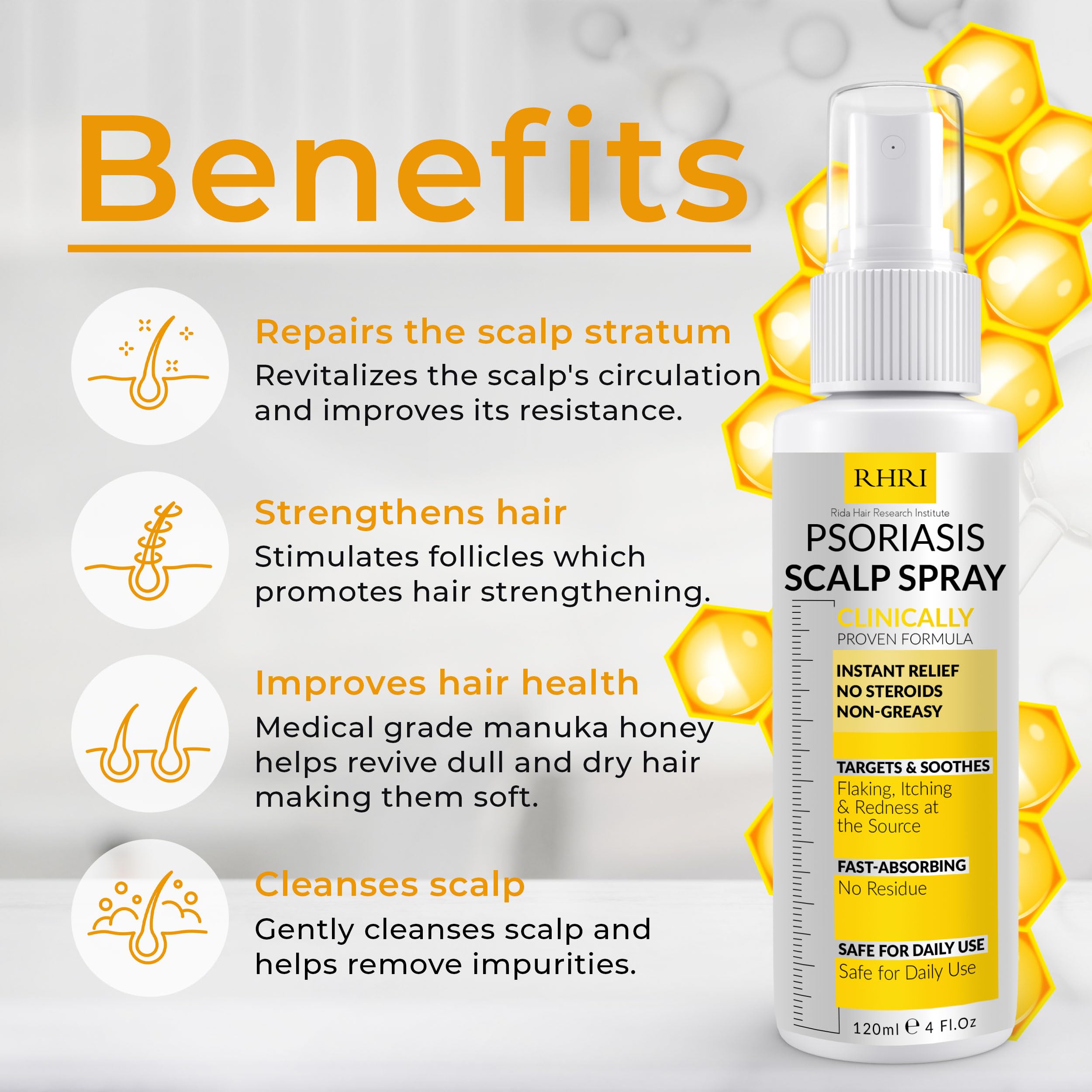 Rida Hair Psoriasis Scalp Spray offers quick itch relief with a soothing mist for flaky scalp.