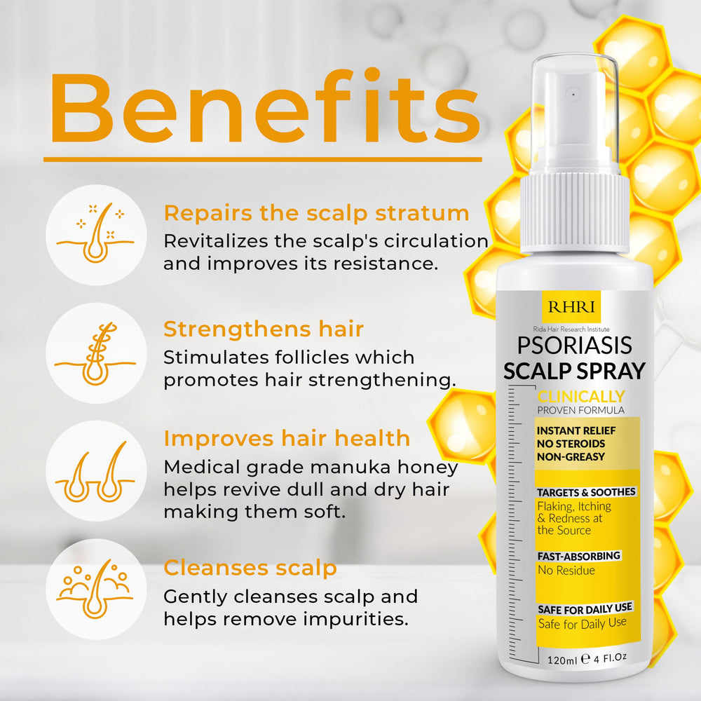 Rida Hair Psoriasis Scalp Spray offers quick itch relief with a soothing mist for flaky scalp.