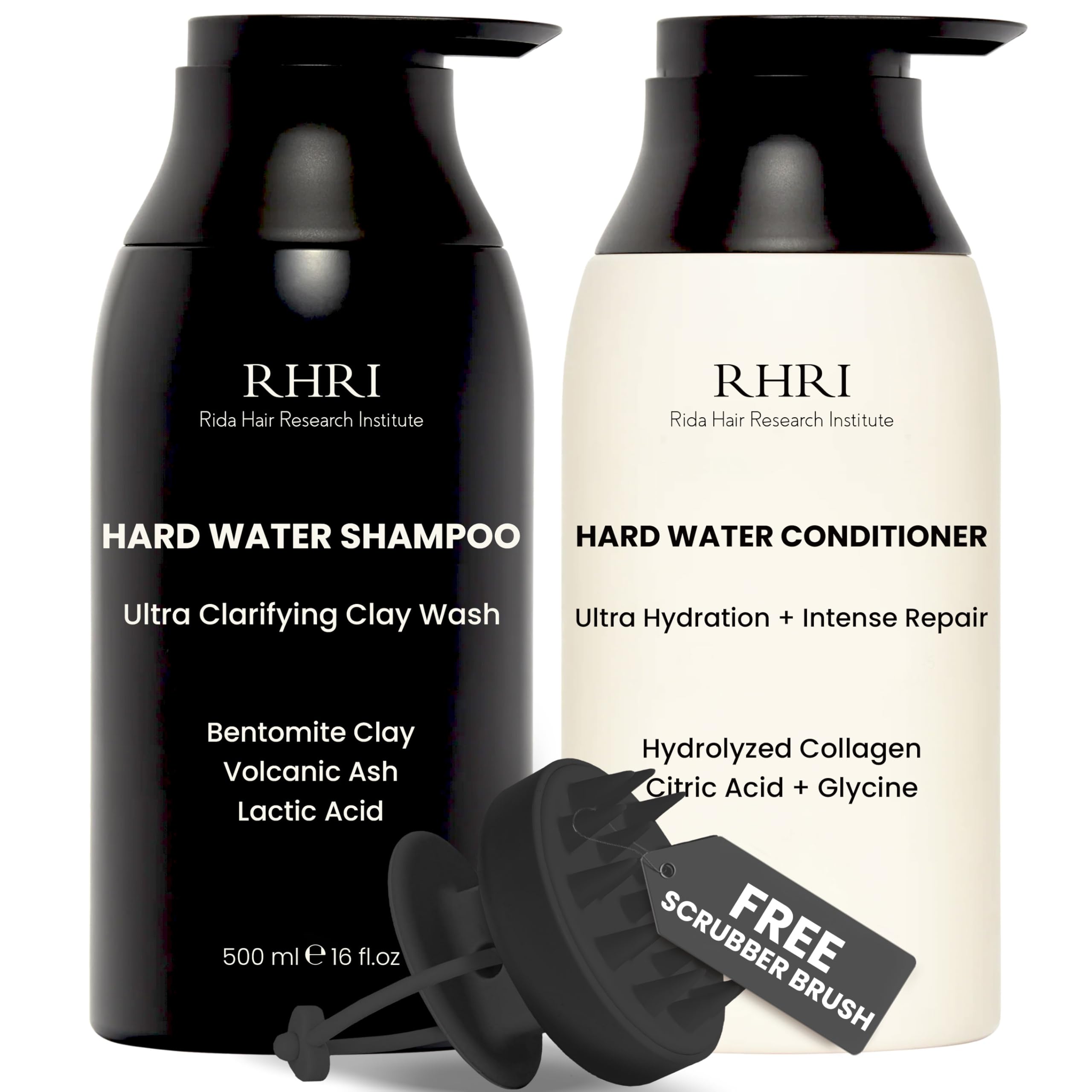 Rida Hard Water Shampoo clarifying clay bottle removes mineral buildup for refreshed, brighter hair.