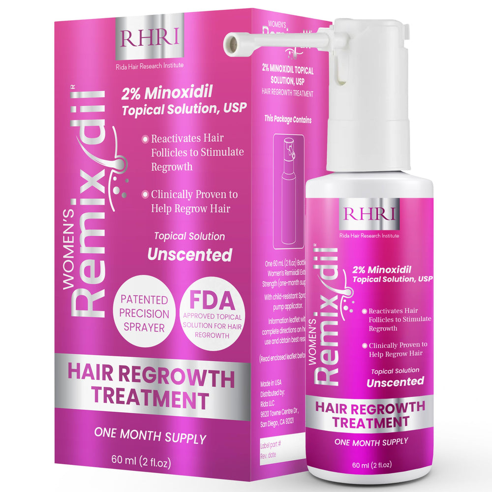 Rida Hair Research Institute 2% Minoxidil women bottle for daily scalp application and regrowth support.