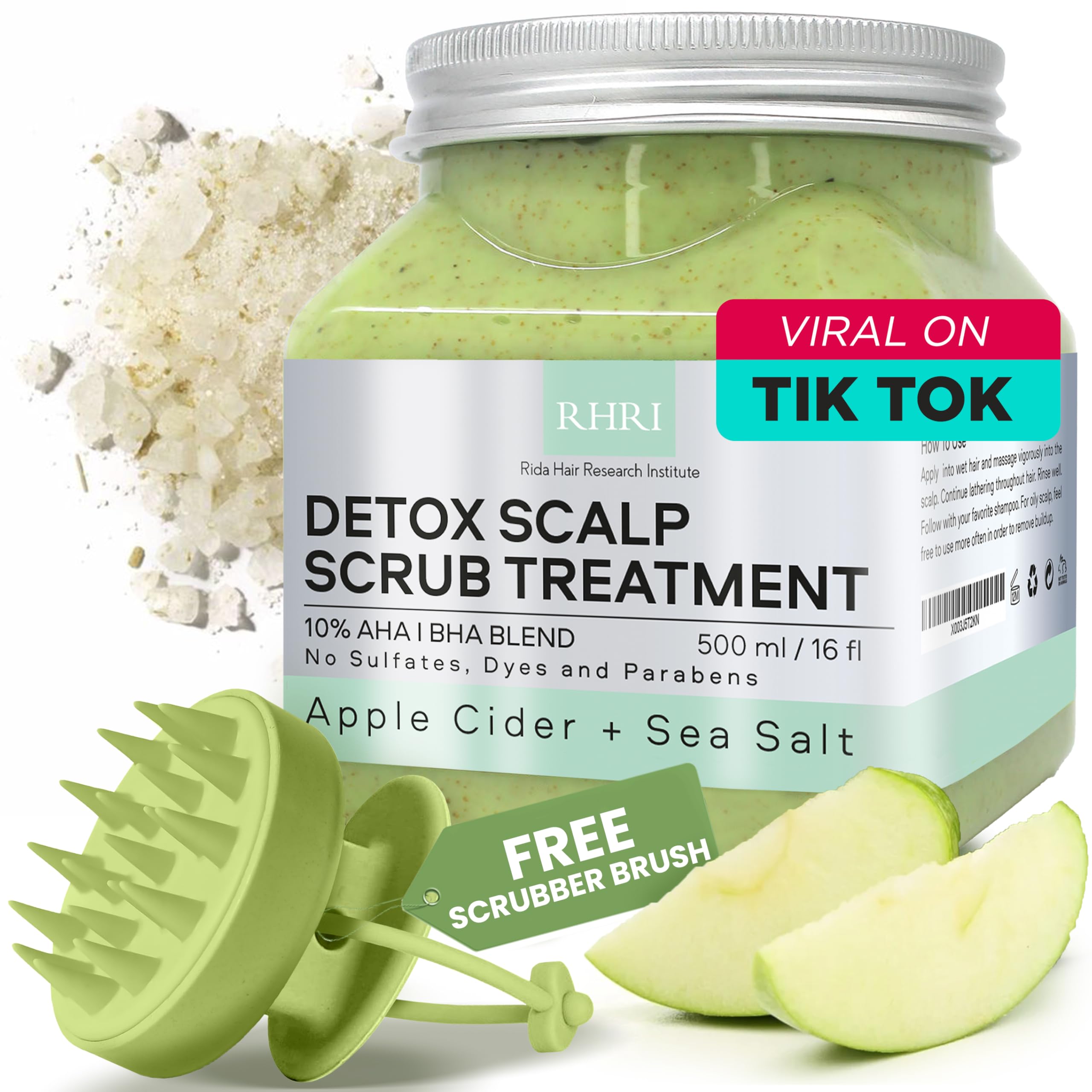 Rida Hair Research Institute Apple Cider Green Scalp Scrub bottle shows detox-ready formula for refreshing scalp.
