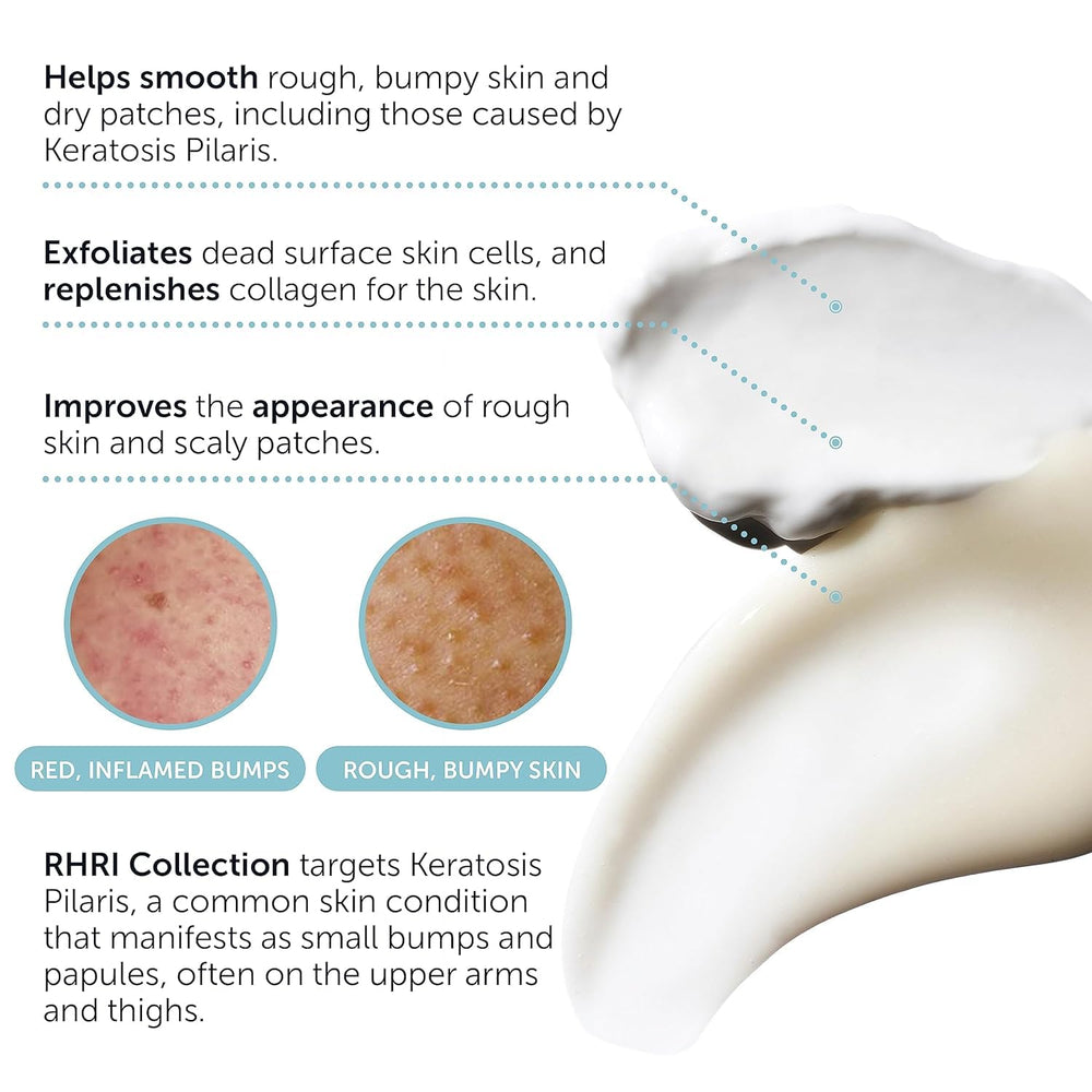 Rida KP Bump Eraser Lotion applied on forearm for gentle exfoliation and hydration.
