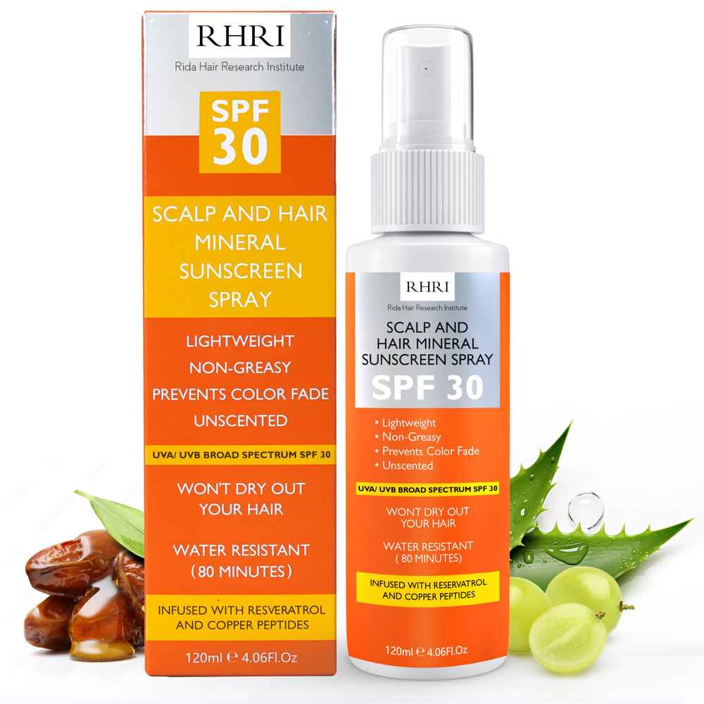 RidaHair Premium SPF30 sunscreen bottle delivers UV protection for hair and scalp against sun exposure.