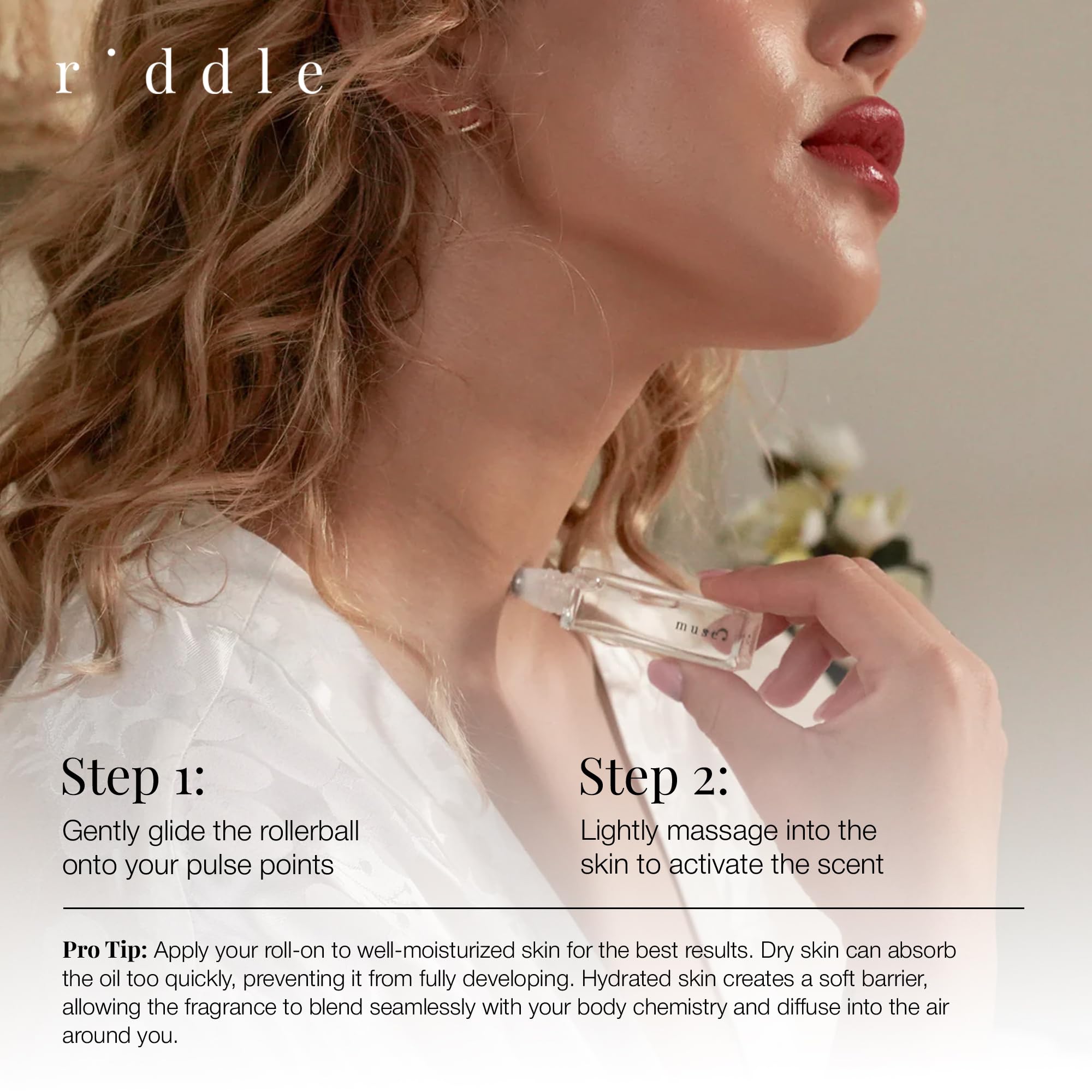 Riddle Oil Muse Roll-On floral note close-up, coconut peony magnolia blend