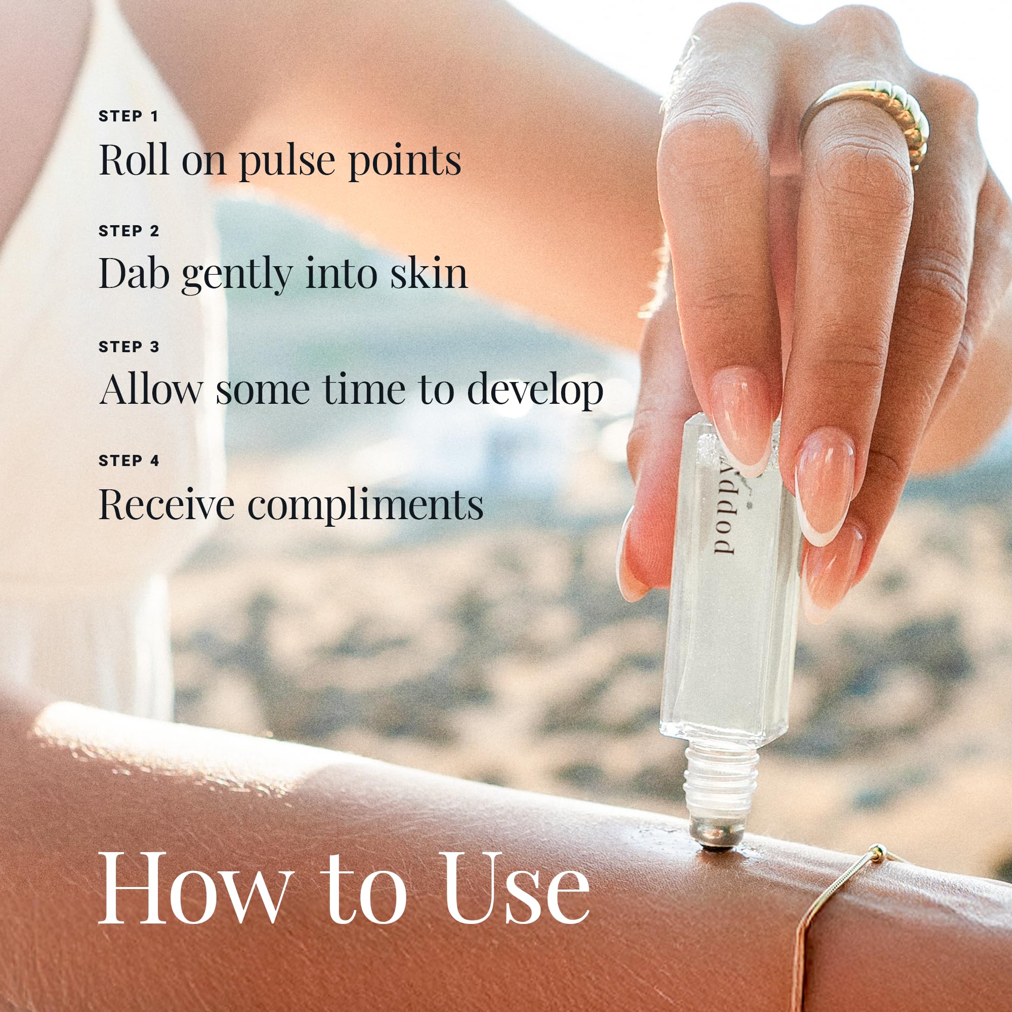 Riddle Oil Poppy roll-on on the wrist demonstrates quick absorption for on-the-go fragrance