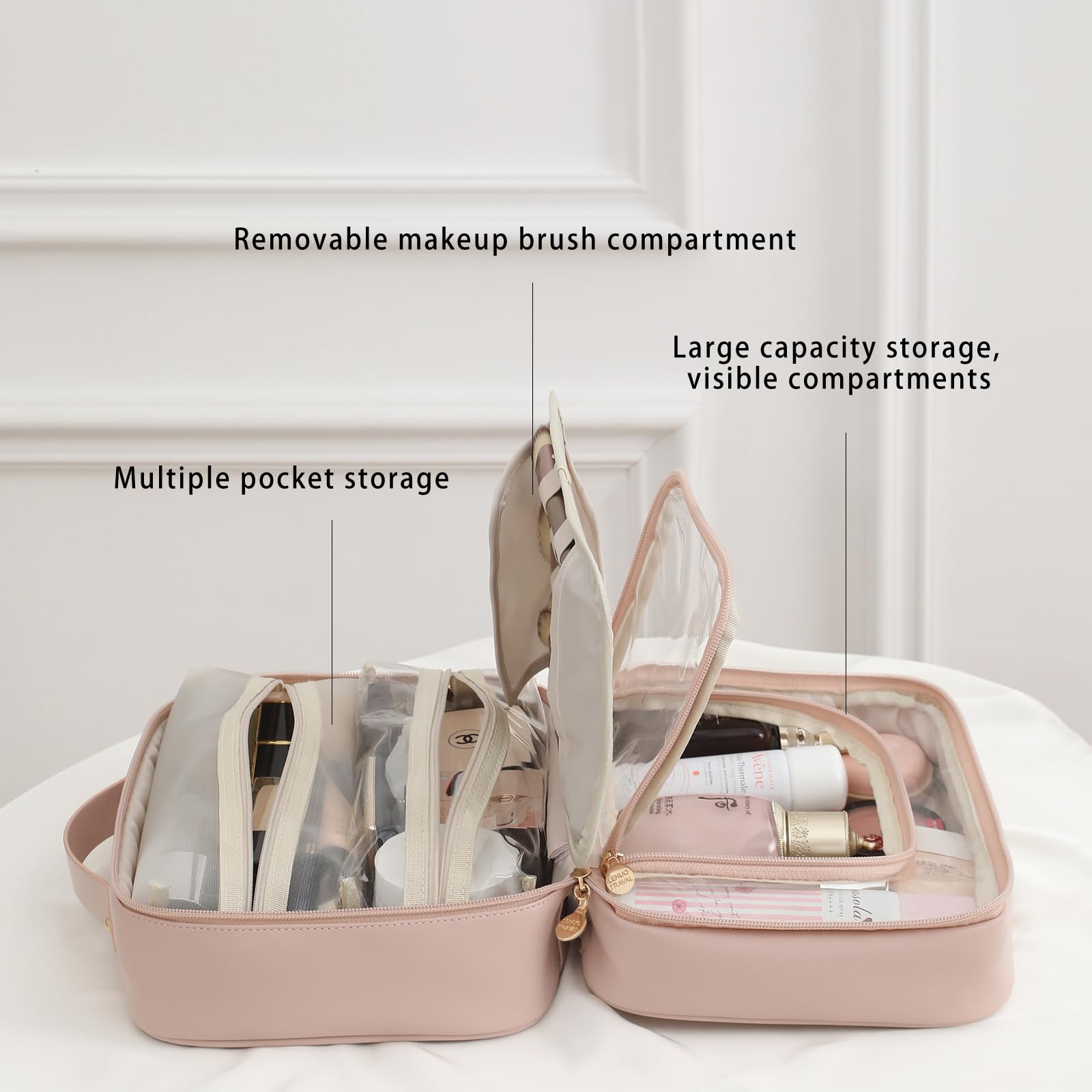 RIGHT AWAY removable dividers and makeup panel enable customizable storage