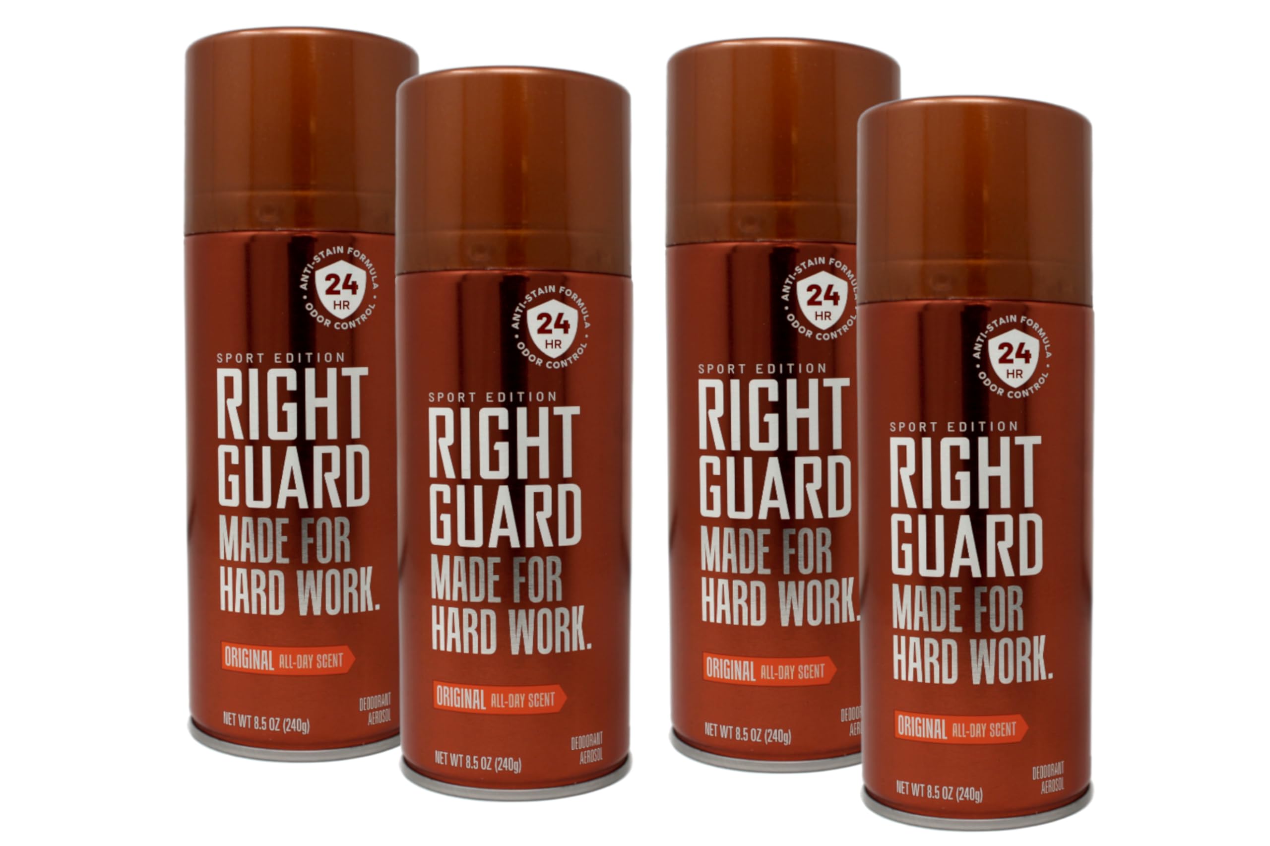 Right Guard Original deodorant spray, pack four, front label for hardworking athletes