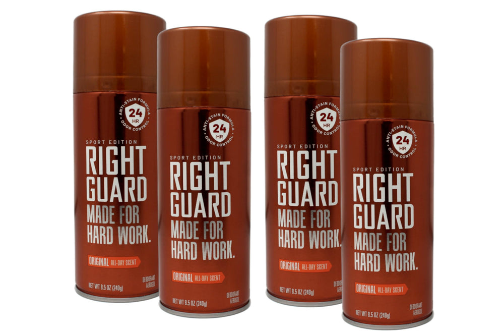 Right Guard Original deodorant spray, pack four, front label for hardworking athletes